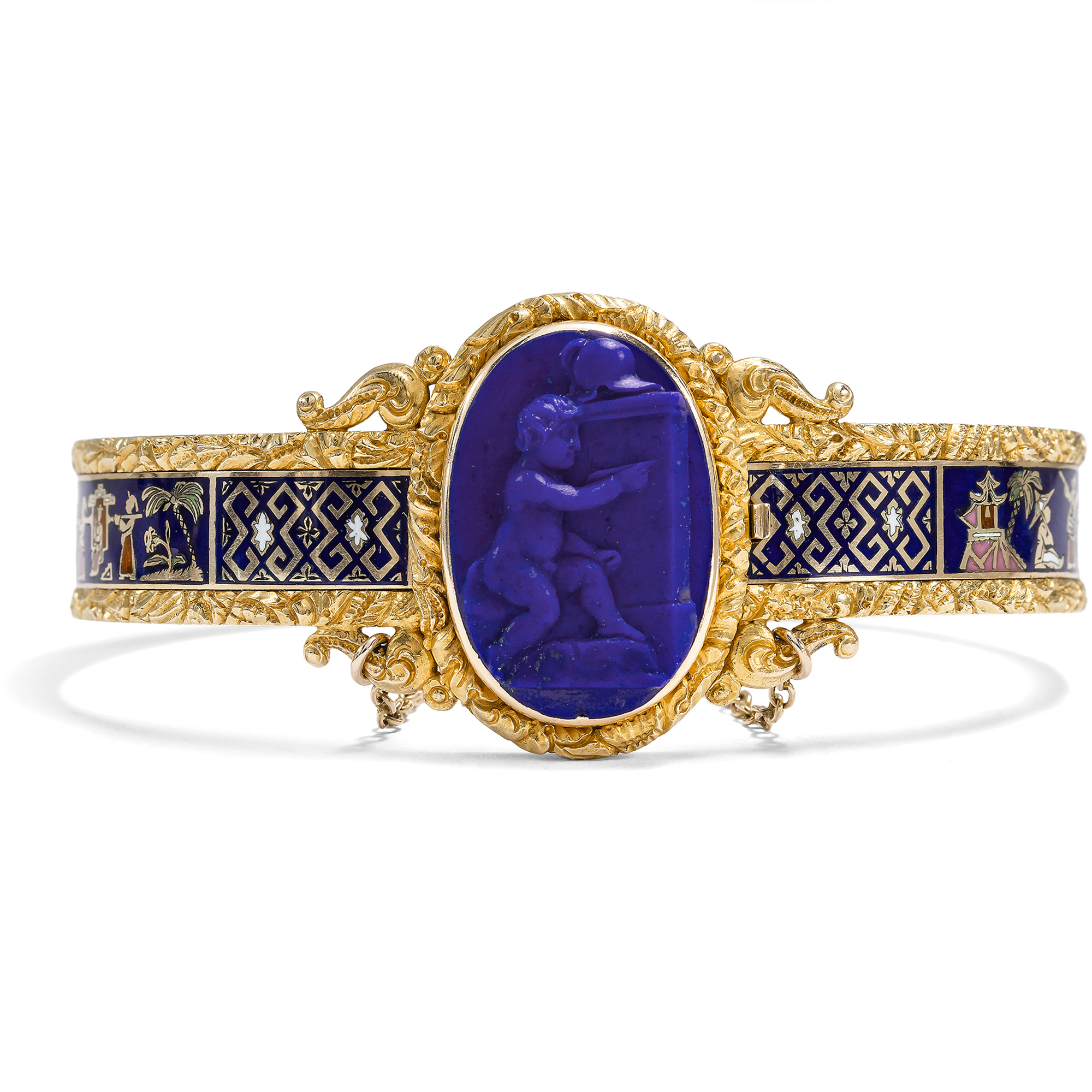 Seltener antiker Armreif mit Gemme aus Lapislazuli & Email in Gold, um 1870 Seltener antiker Armreif mit Gemme aus Lapislazuli & Email in Gold, um 1870