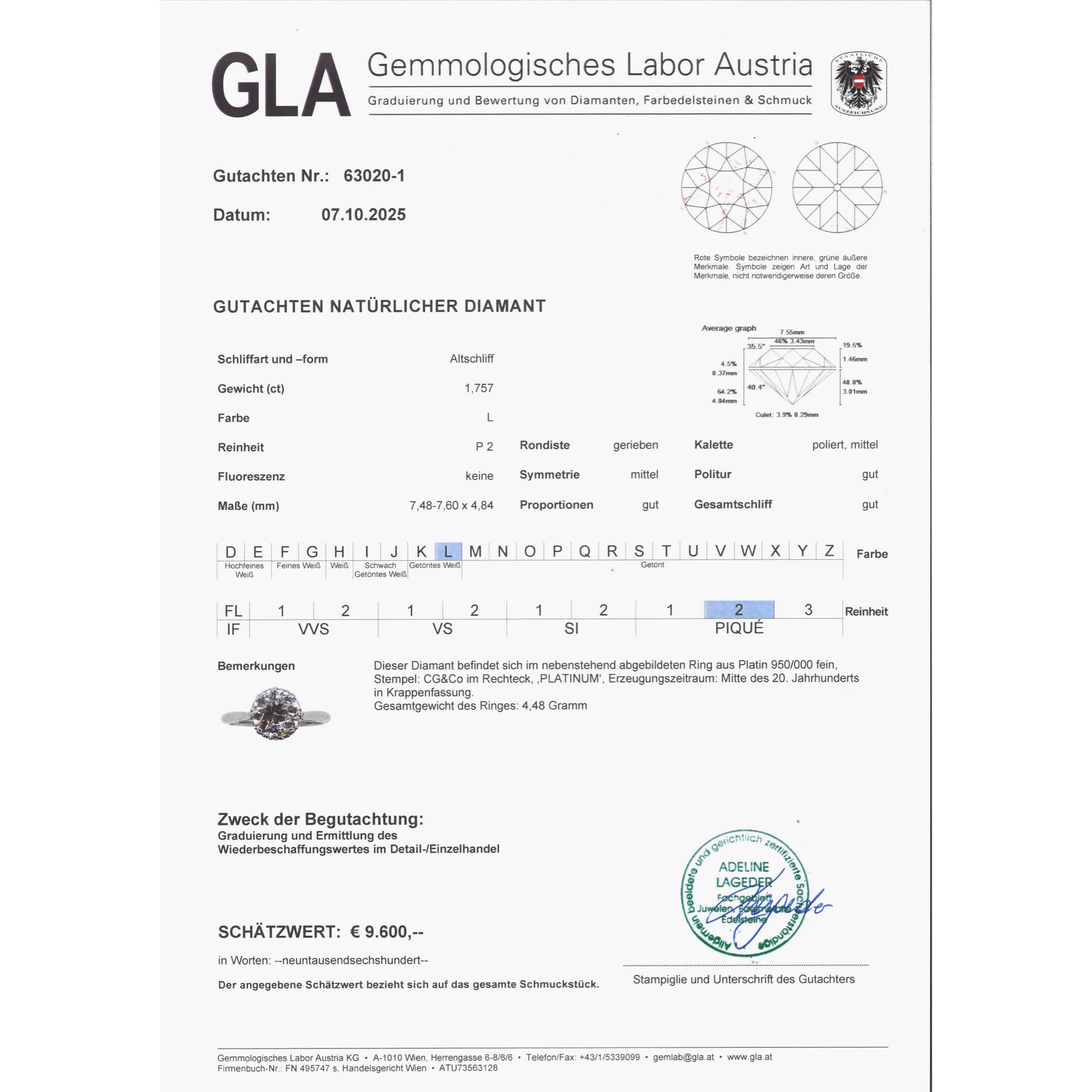 Antiker Verlobungsring mit 1,75 ct Diamant im Altschliff in Platin, Birmingham um 1940 Antiker Verlobungsring mit 1,75 ct Diamant im Altschliff in Platin, Birmingham um 1940