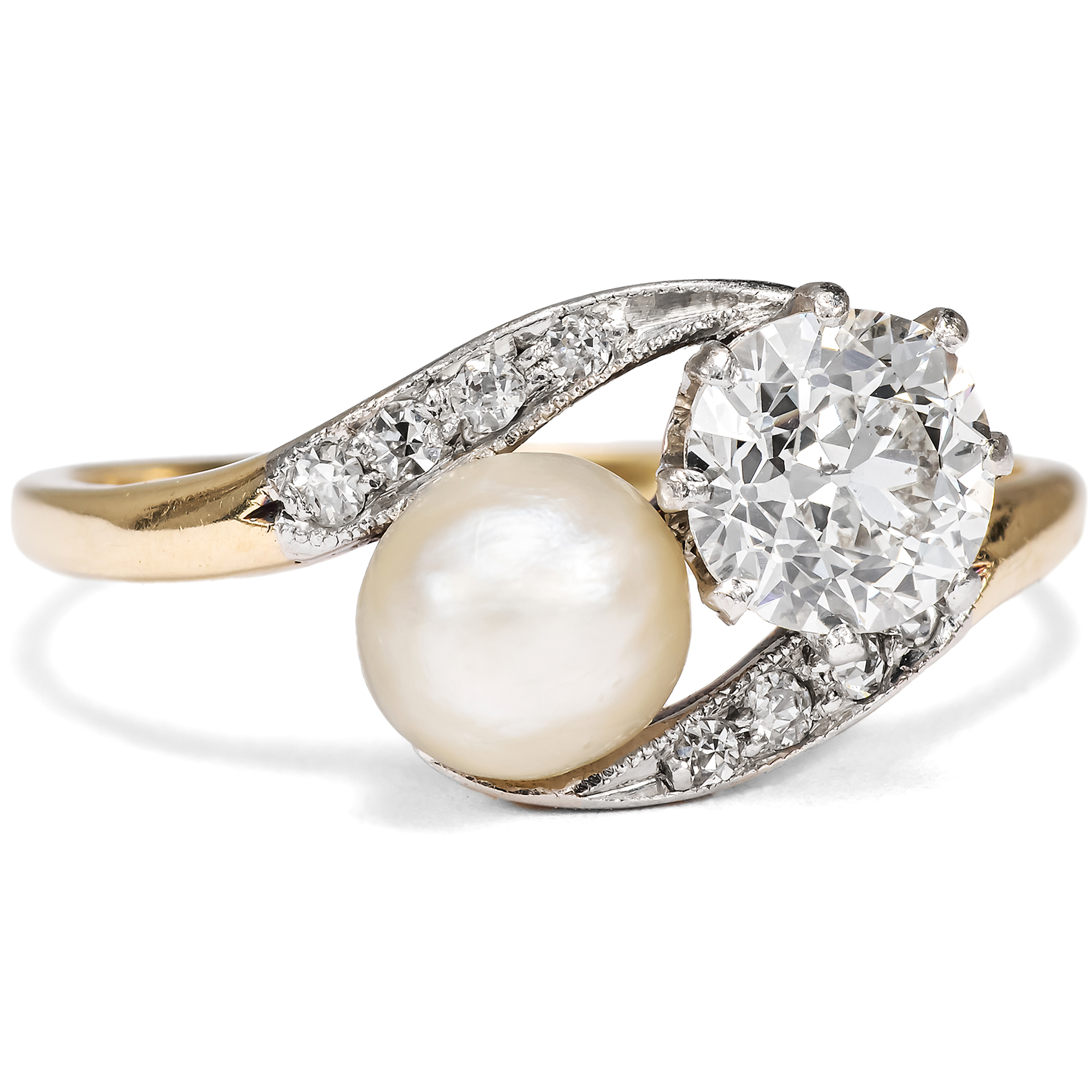 Zarter „Toi-et-Moi“-Ring mit Naturperle & Diamanten, um 1915 Zarter „Toi-et-Moi“-Ring mit Naturperle & Diamanten, um 1915