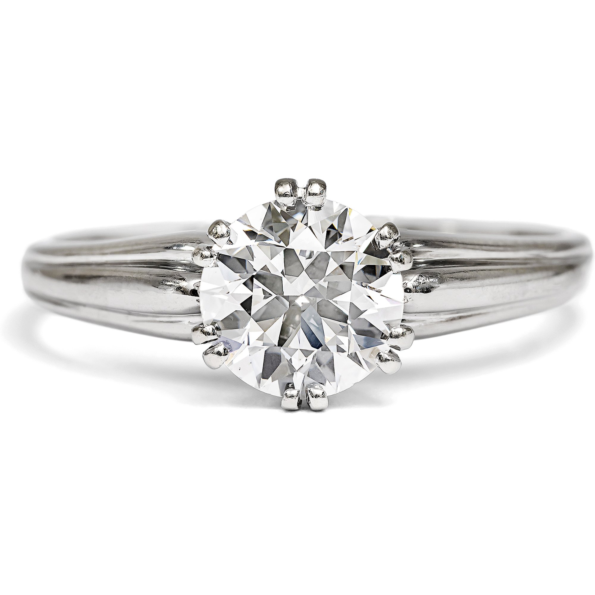 Klassischer vintage Verlobungsring mit feinweißem 1,20 ct Diamantsolitär, um 1950 Klassischer vintage Verlobungsring mit feinweißem 1,20 ct Diamantsolitär, um 1950