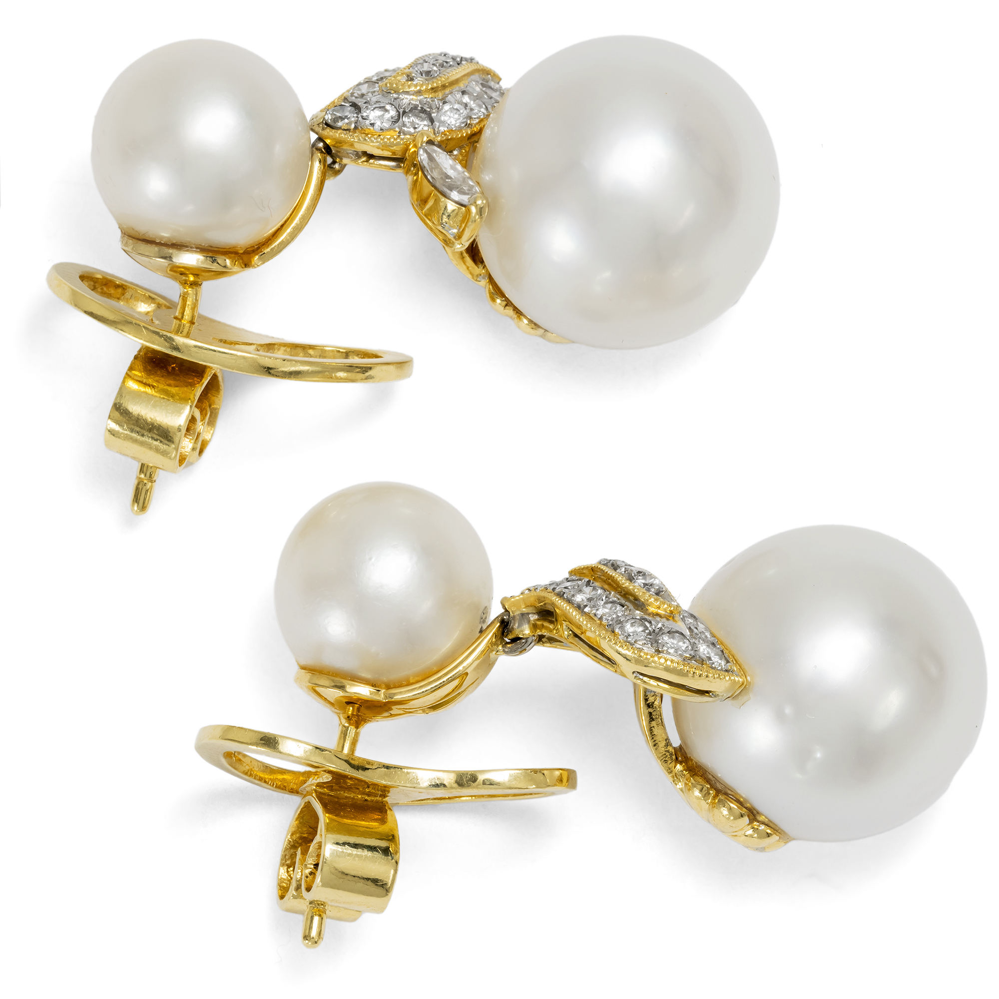 Contemporary South Sea Pearl and Diamond Earrings in Gold, c. 2000 Contemporary South Sea Pearl and Diamond Earrings in Gold, c. 2000