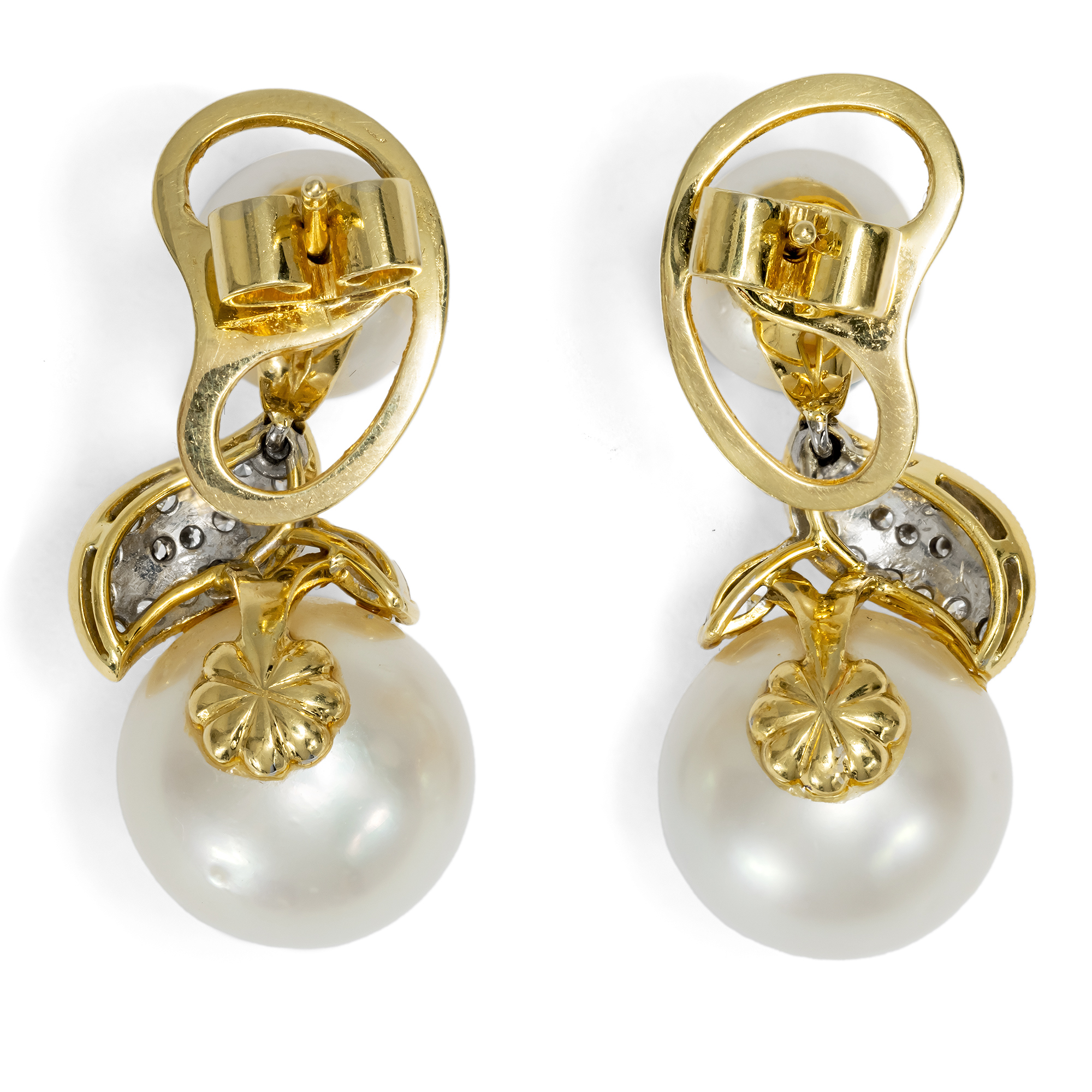 Contemporary South Sea Pearl and Diamond Earrings in Gold, c. 2000 Contemporary South Sea Pearl and Diamond Earrings in Gold, c. 2000