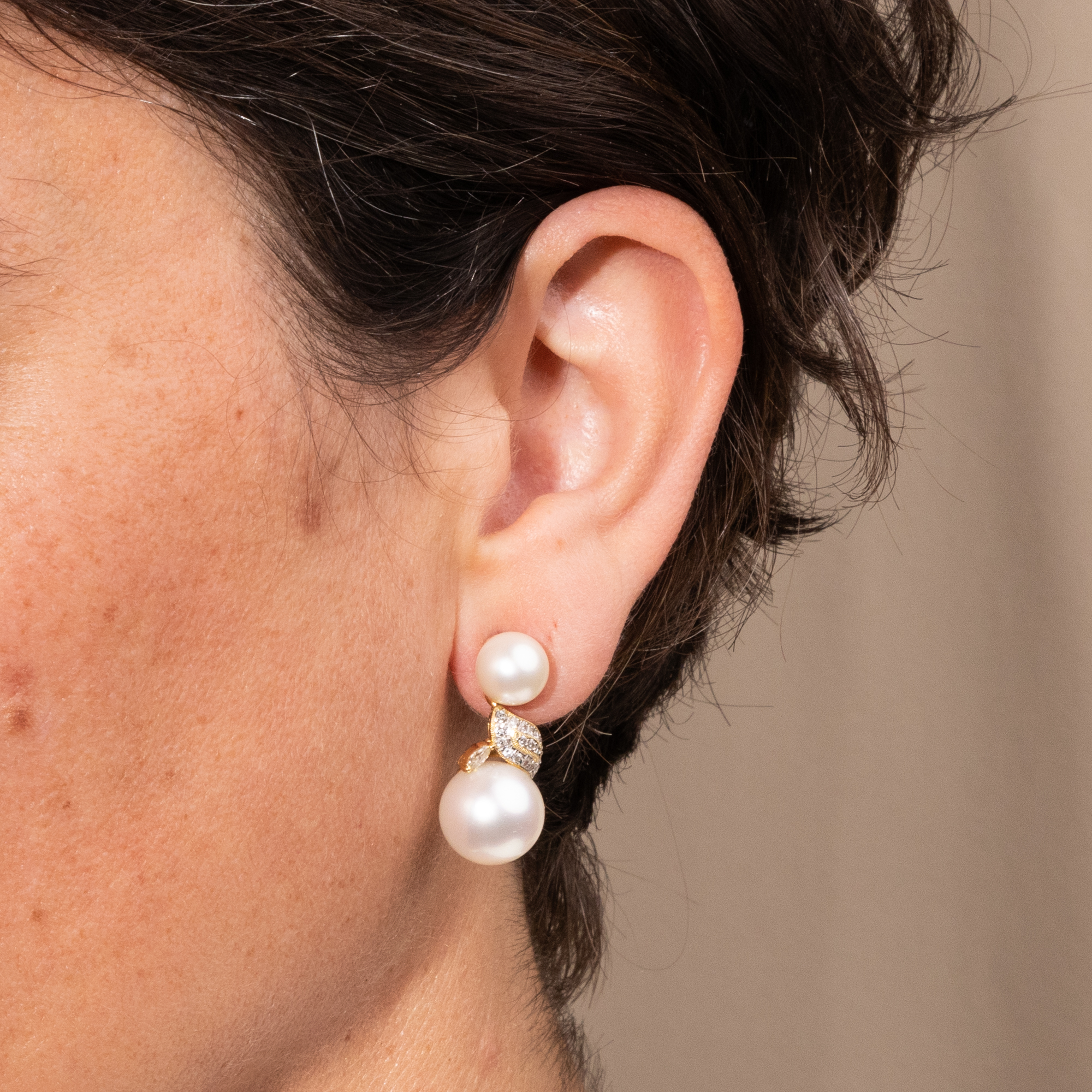 Contemporary South Sea Pearl and Diamond Earrings in Gold, c. 2000 Contemporary South Sea Pearl and Diamond Earrings in Gold, c. 2000