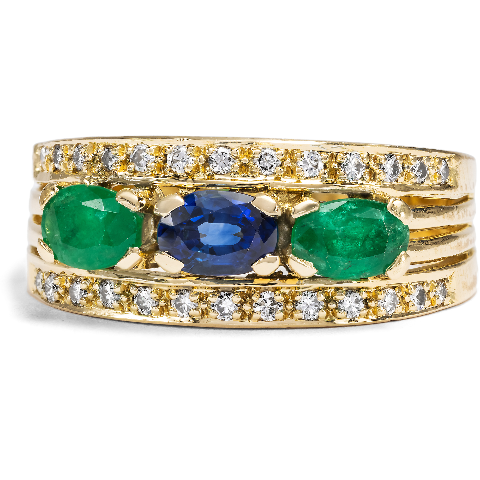Luxurious Vintage Ring with Emeralds, Sapphire & Diamonds in Gold, c. 1985 Luxurious Vintage Ring with Emeralds, Sapphire & Diamonds in Gold, c. 1985