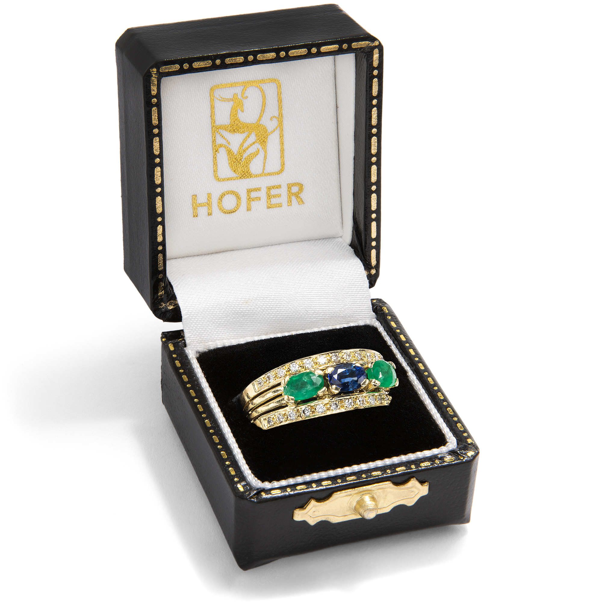 Luxurious Vintage Ring with Emeralds, Sapphire & Diamonds in Gold, c. 1985 Luxurious Vintage Ring with Emeralds, Sapphire & Diamonds in Gold, c. 1985