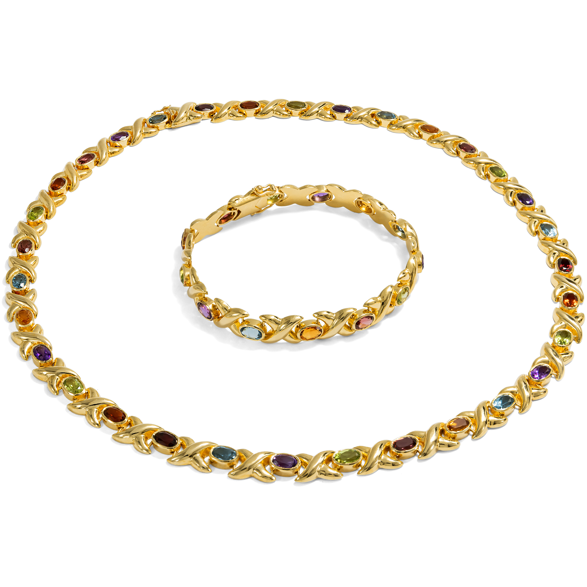 Necklace and Bracelet Set with Coloured Gemstones in Gold, Pforzheim circa 1995 Necklace and Bracelet Set with Coloured Gemstones in Gold, Pforzheim circa 1995