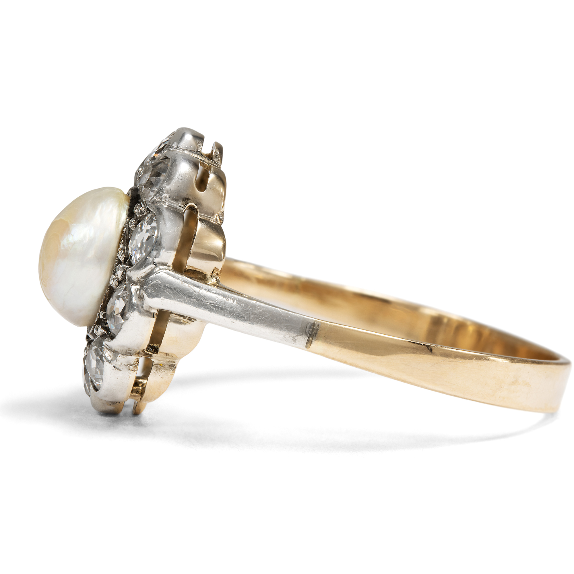 Antiker Ring mit Naturperle & Diamanten in Silber & Gold, um 1910 Antiker Ring mit Naturperle & Diamanten in Silber & Gold, um 1910