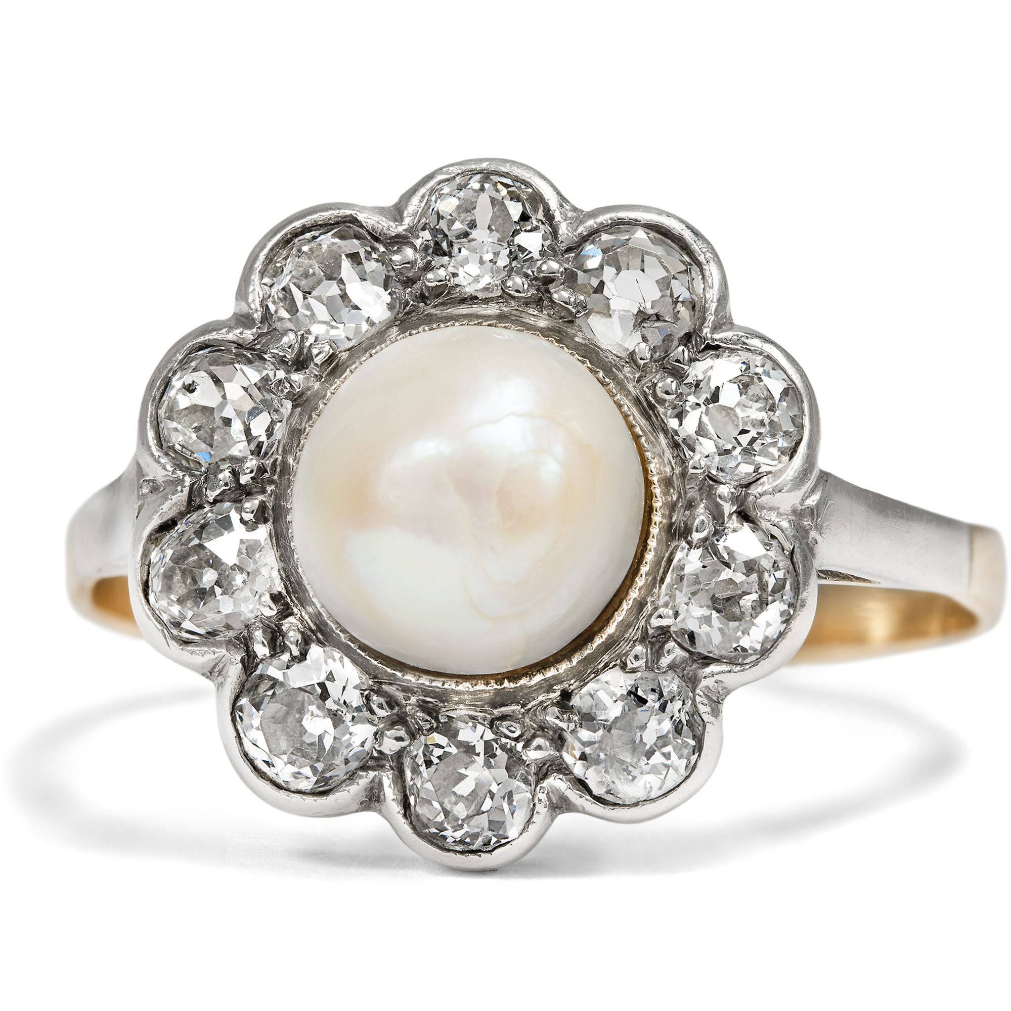 Antiker Ring mit Naturperle & Diamanten in Silber & Gold, um 1910 Antiker Ring mit Naturperle & Diamanten in Silber & Gold, um 1910