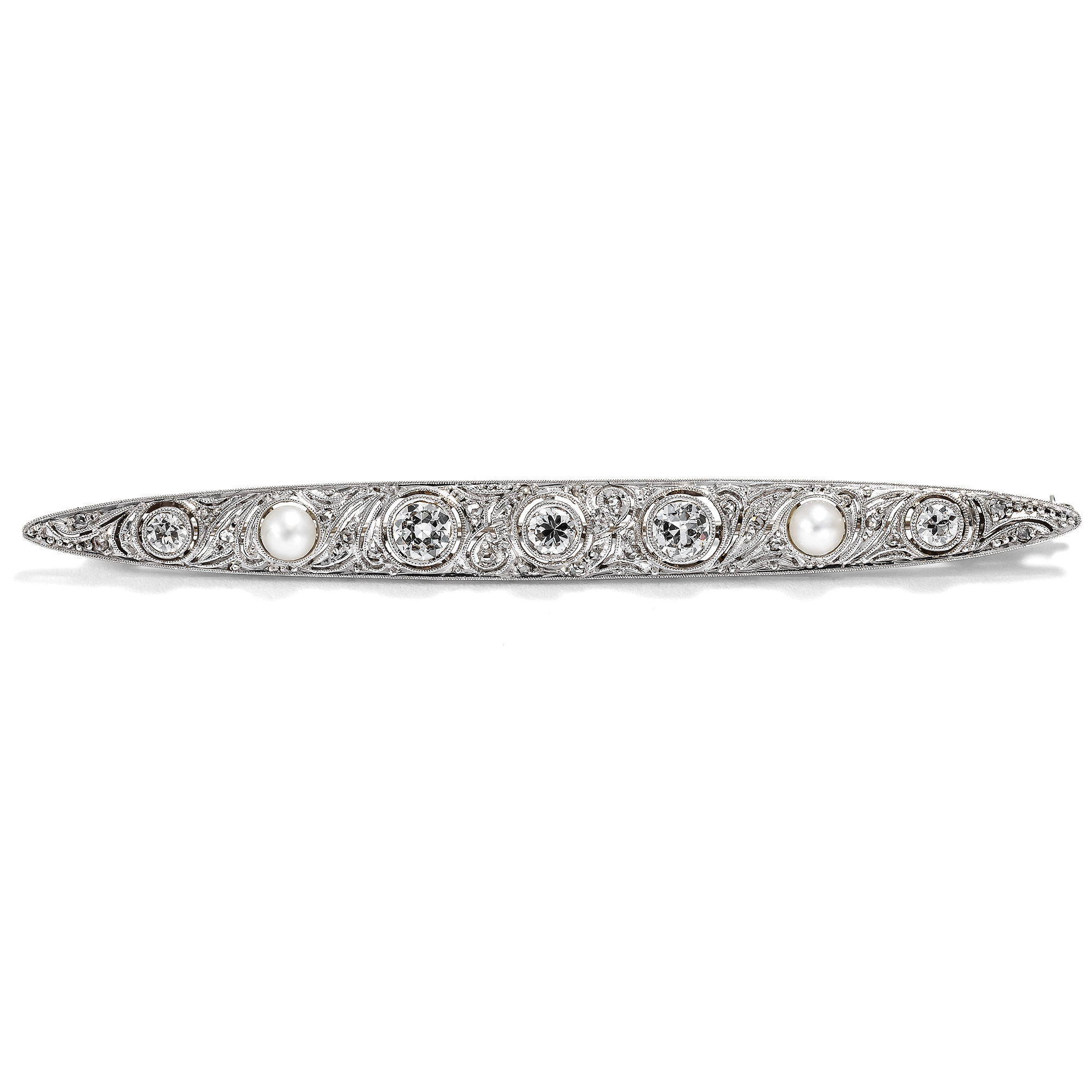 Elegante Stabnadel mit Naturperlen & Diamanten in Weißgold & Platin, um 1925 Elegante Stabnadel mit Naturperlen & Diamanten in Weißgold & Platin, um 1925