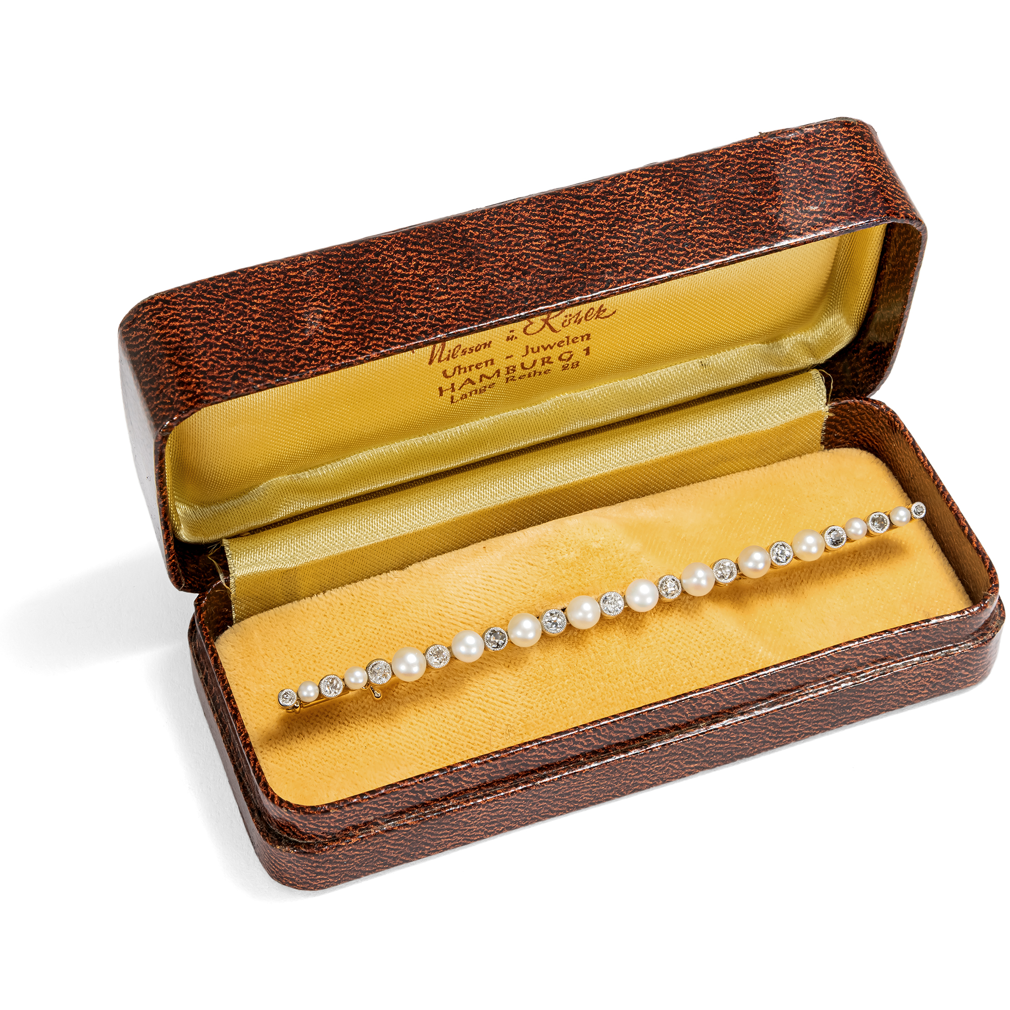 Elegante Stabnadel mit Naturperlen & Diamanten in Gold & Platin, um 1910 Elegante Stabnadel mit Naturperlen & Diamanten in Gold & Platin, um 1910