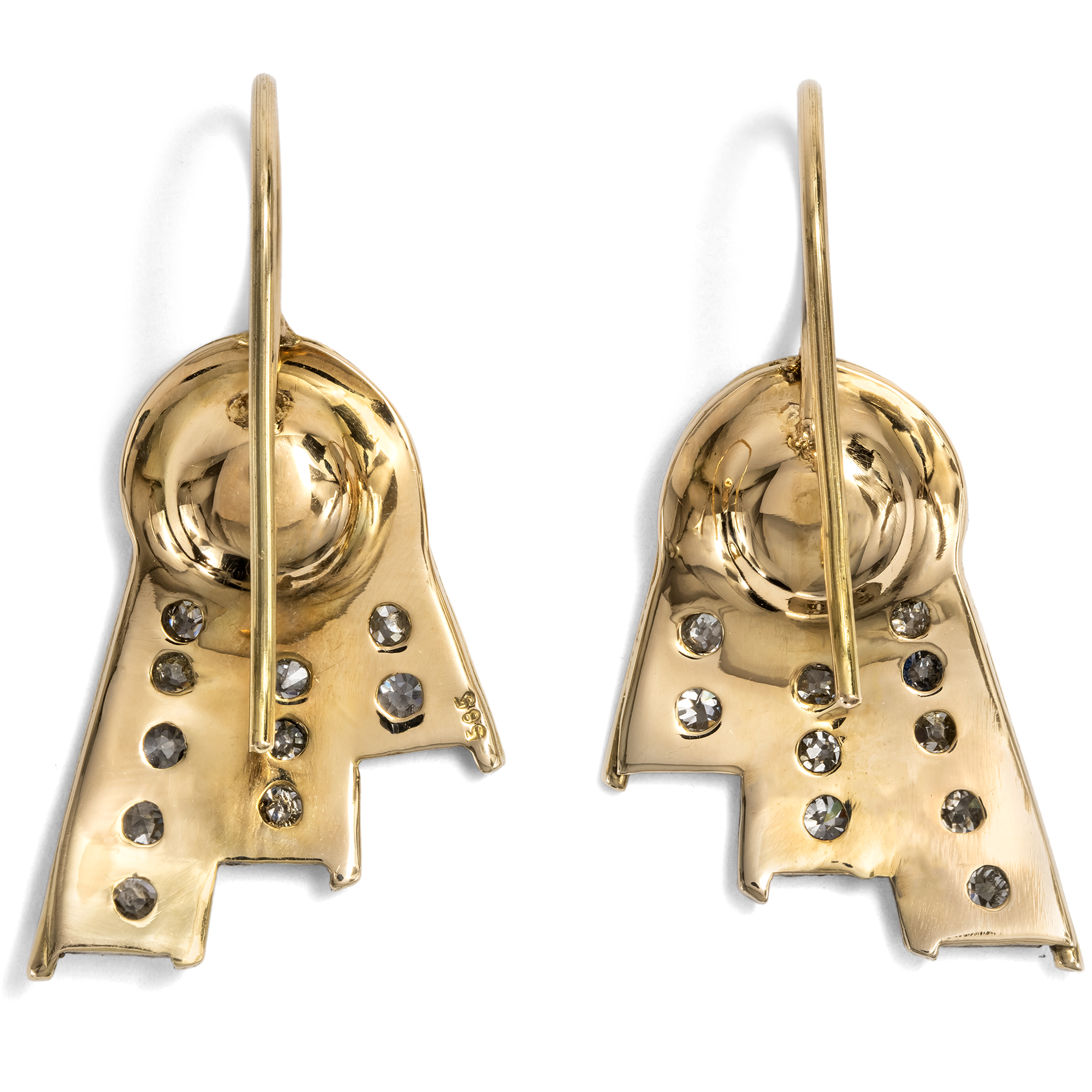 Glamouröse „Drapery“-Ohrringe des Art Déco mit Diamanten & Akoyaperlen, um 1935 Glamouröse „Drapery“-Ohrringe des Art Déco mit Diamanten & Akoyaperlen, um 1935