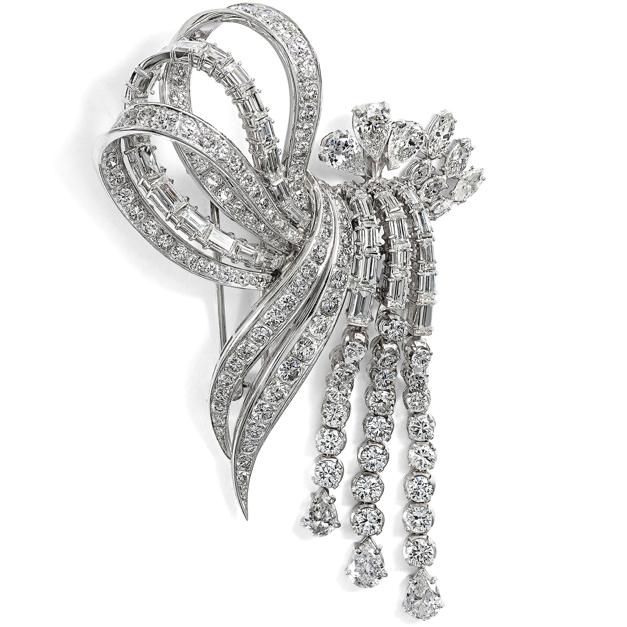 Prachtvolle Juwelenbrosche aus Platin & 13,85 ct Diamanten, um 1955 Prachtvolle Juwelenbrosche aus Platin & 13,85 ct Diamanten, um 1955