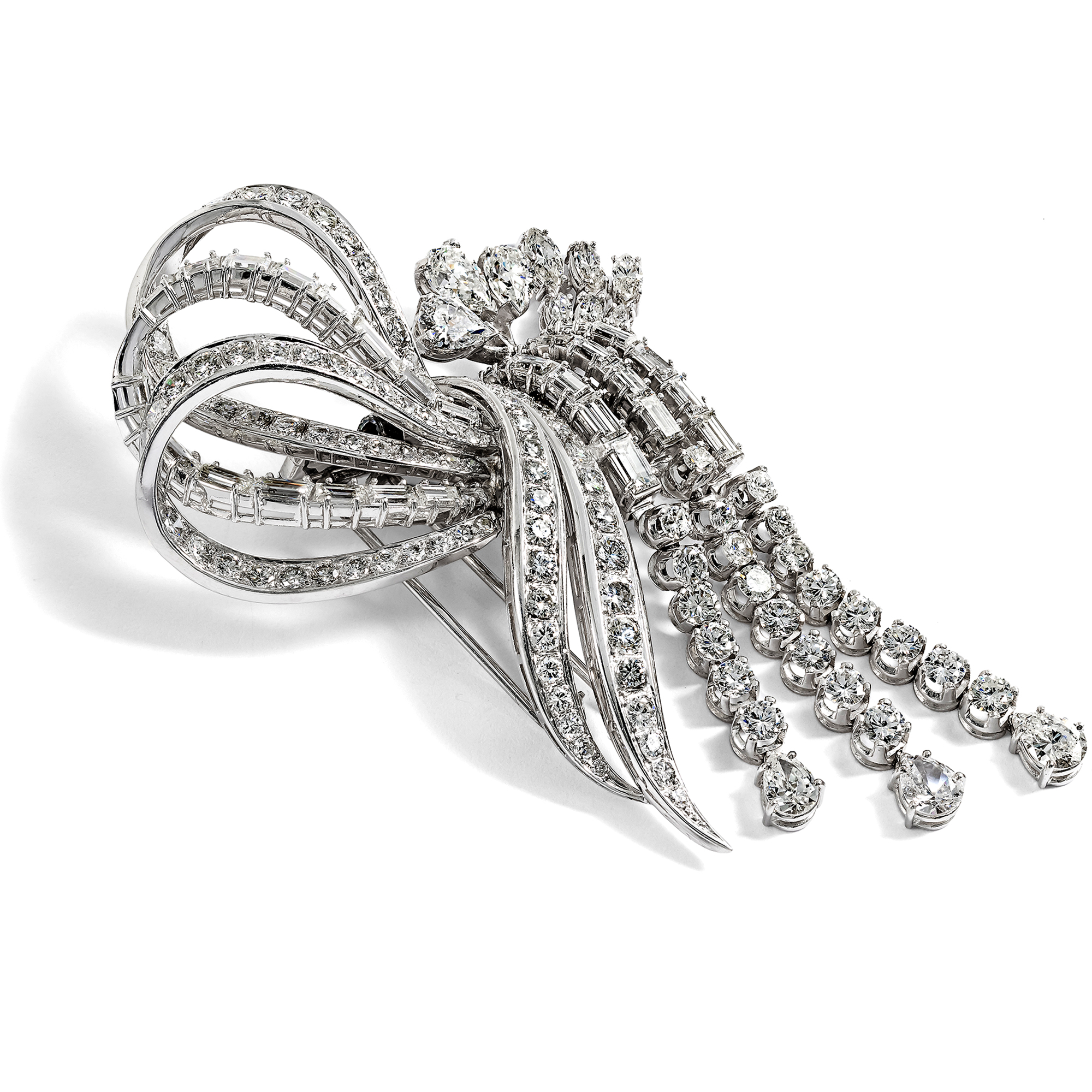 Prachtvolle Juwelenbrosche aus Platin & 13,85 ct Diamanten, um 1955 Prachtvolle Juwelenbrosche aus Platin & 13,85 ct Diamanten, um 1955