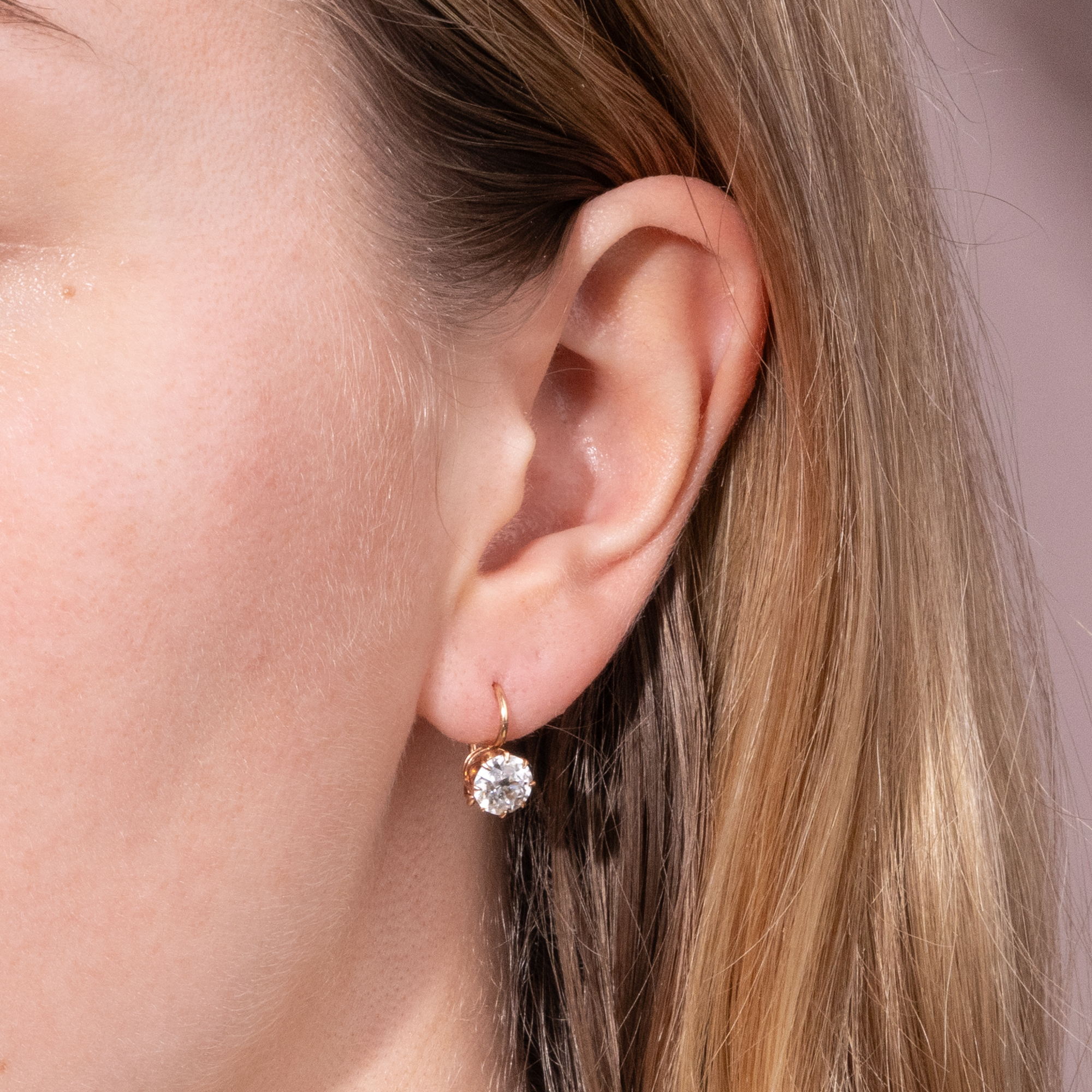 Delicate Rose Gold Earrings with 2.05 ct Old Cut Diamonds, c. 1890 Delicate Rose Gold Earrings with 2.05 ct Old Cut Diamonds, c. 1890