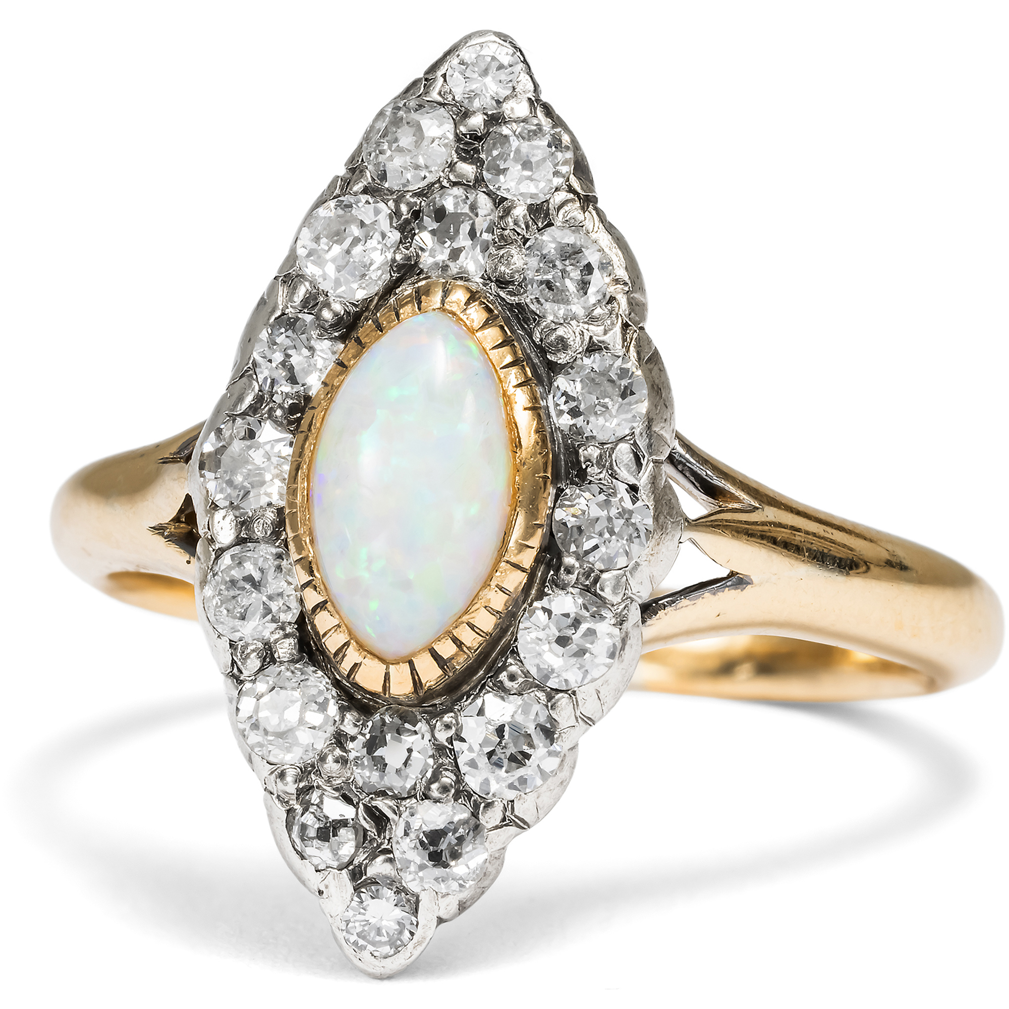 Antiker Marquise-Ring mit Opal & Diamanten, Großbritannien um 1895 Antiker Marquise-Ring mit Opal & Diamanten, Großbritannien um 1895