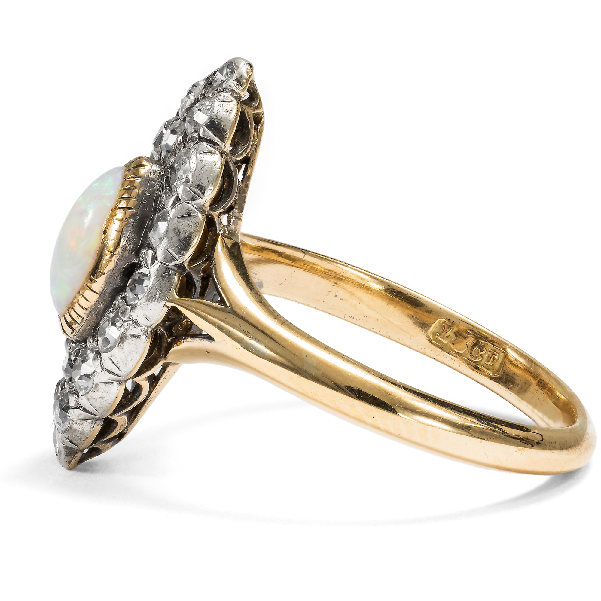 Antiker Marquise-Ring mit Opal & Diamanten, Großbritannien um 1895 Antiker Marquise-Ring mit Opal & Diamanten, Großbritannien um 1895