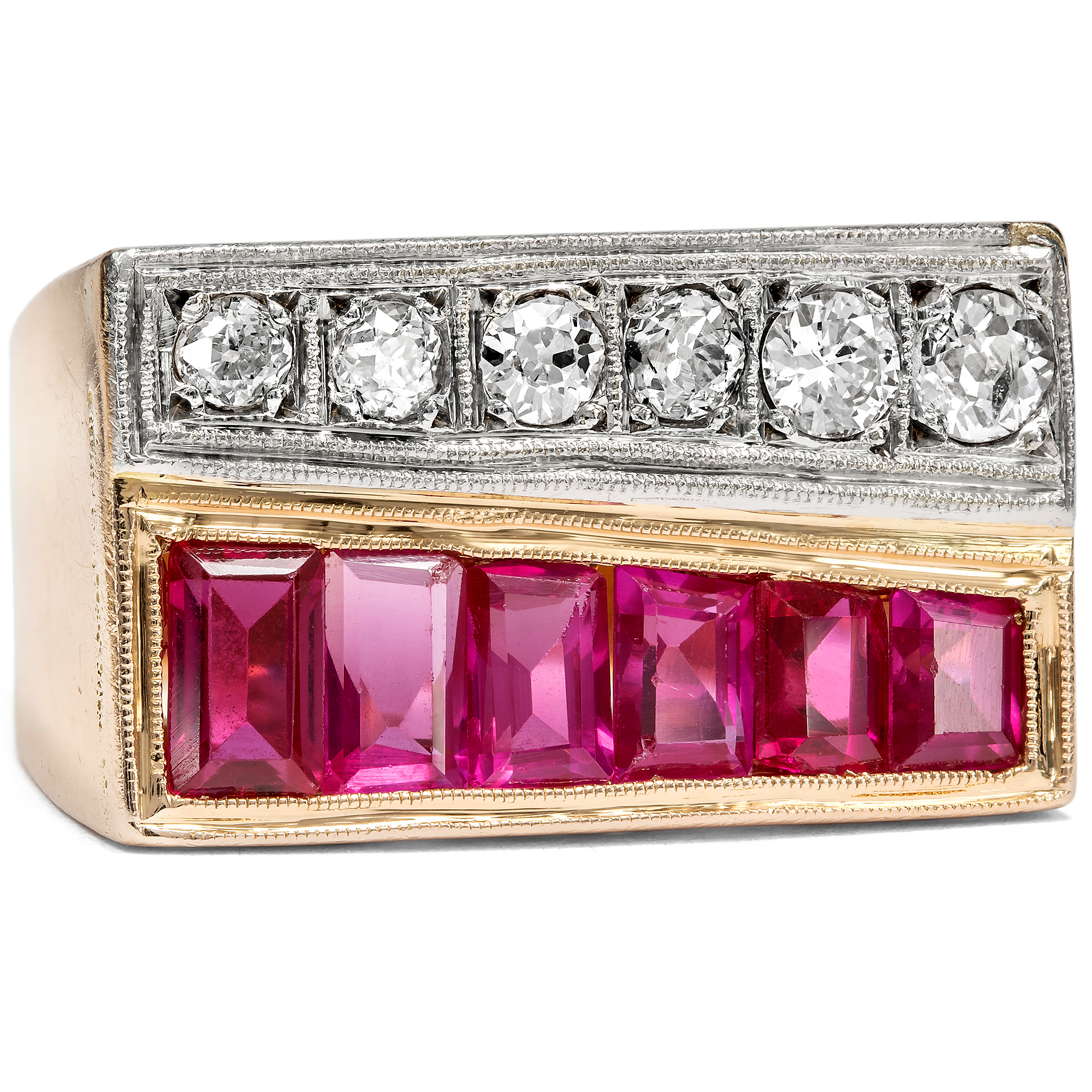Goldring im Retro Style mit synthetischen Rubinen & Diamanten, um 1945 Goldring im Retro Style mit synthetischen Rubinen & Diamanten, um 1945