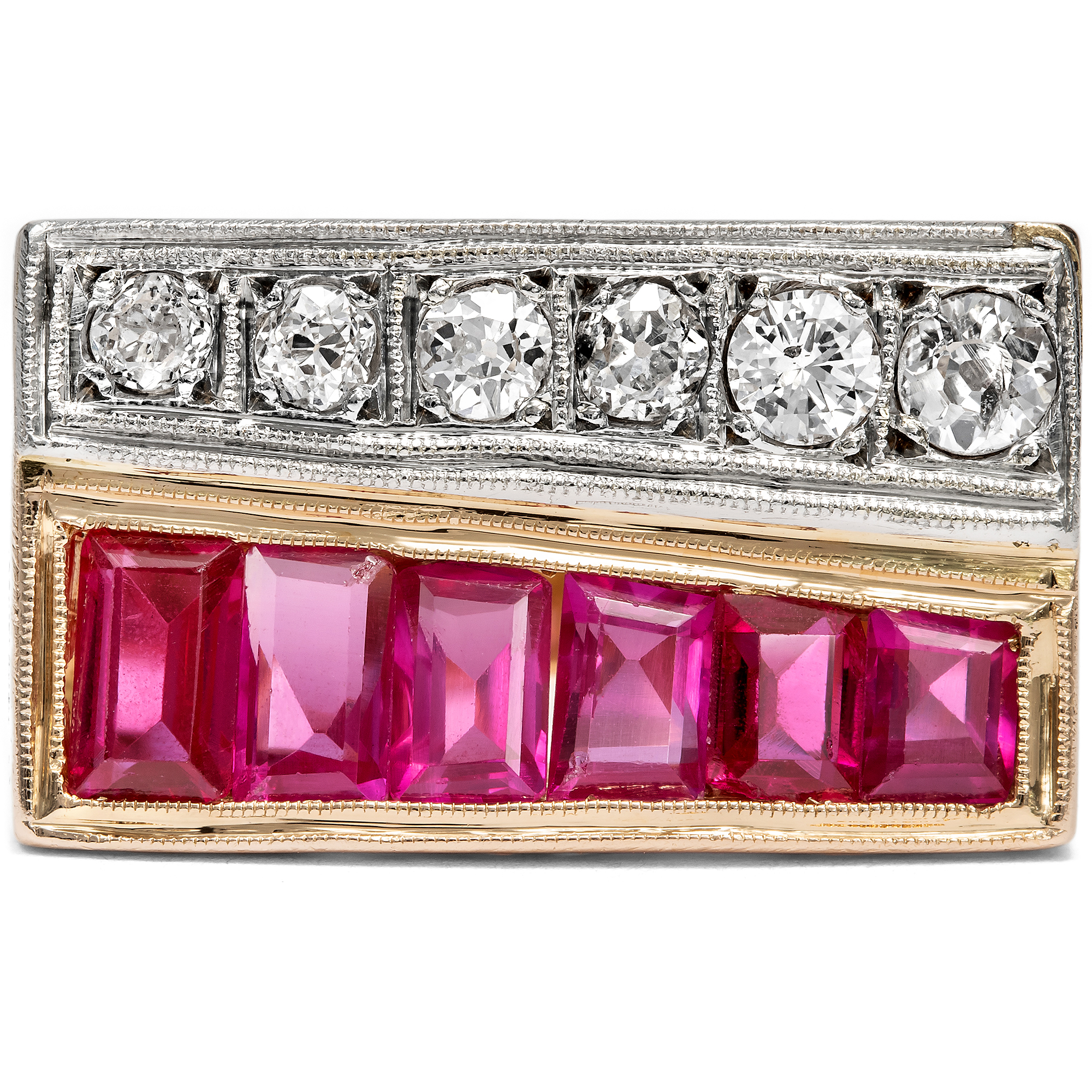 Goldring im Retro Style mit synthetischen Rubinen & Diamanten, um 1945 Goldring im Retro Style mit synthetischen Rubinen & Diamanten, um 1945
