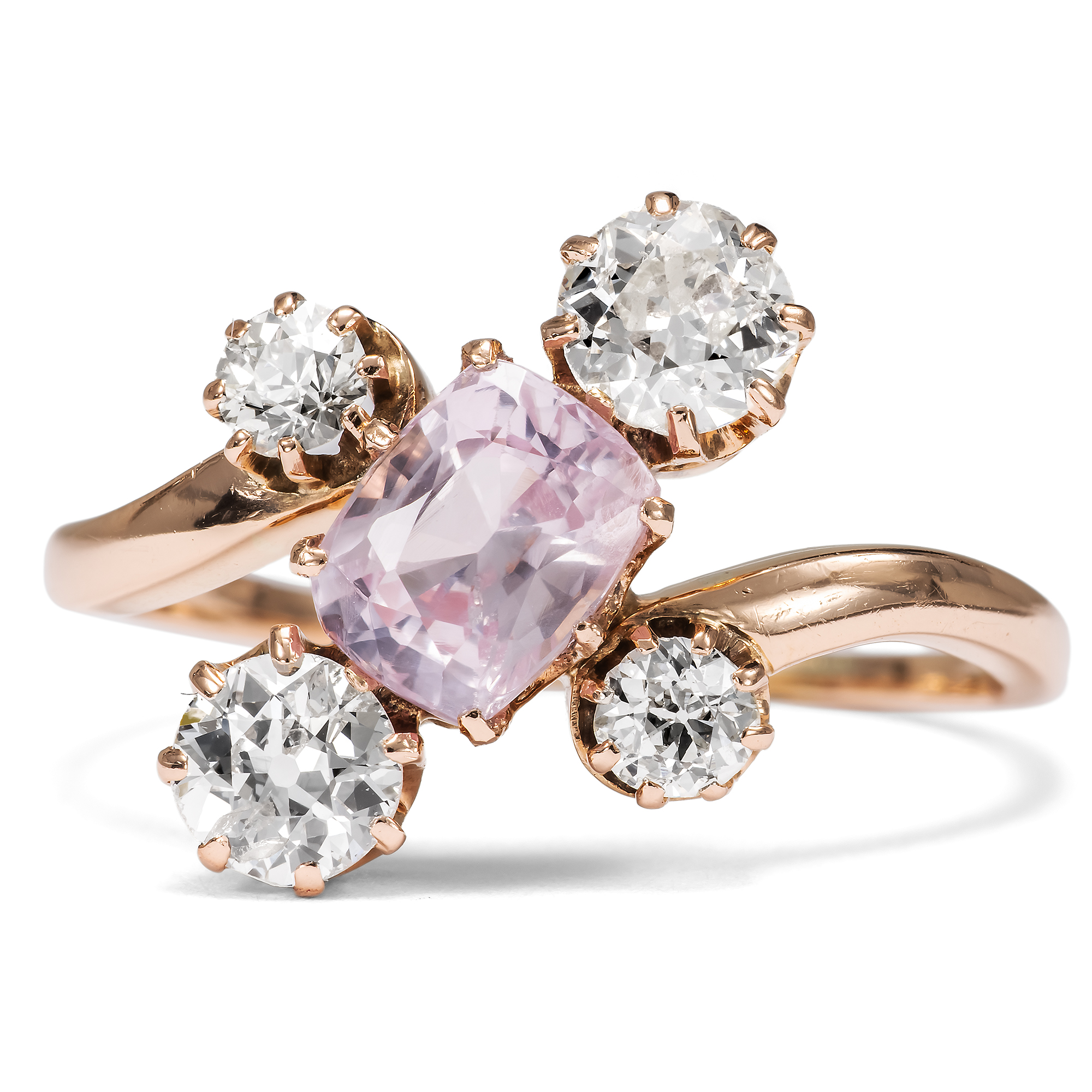 Exquisite Padparadscha Sapphire and Diamond Ring in Rose Gold, c. 1900 Exquisite Padparadscha Sapphire and Diamond Ring in Rose Gold, c. 1900