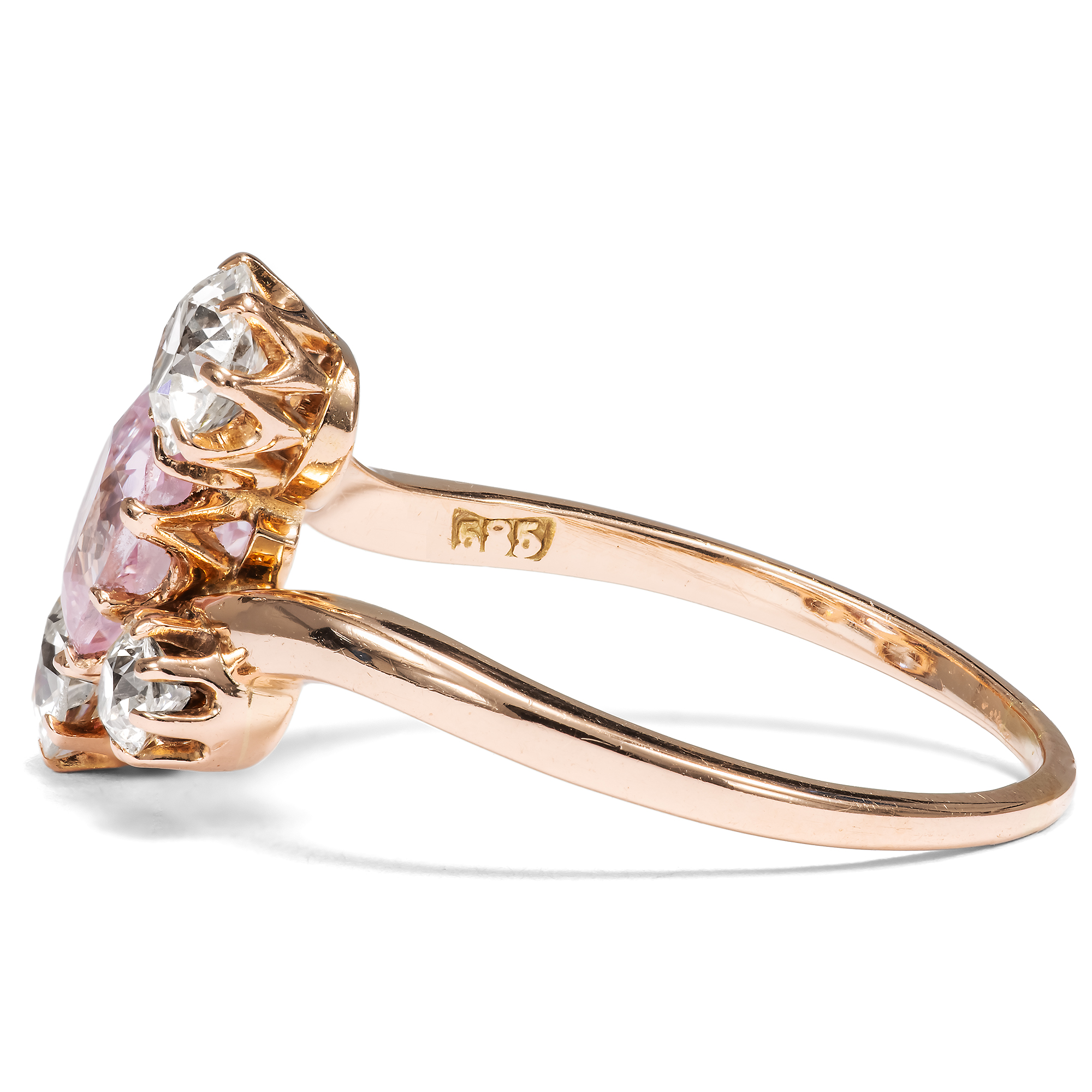 Exquisite Padparadscha Sapphire and Diamond Ring in Rose Gold, c. 1900 Exquisite Padparadscha Sapphire and Diamond Ring in Rose Gold, c. 1900