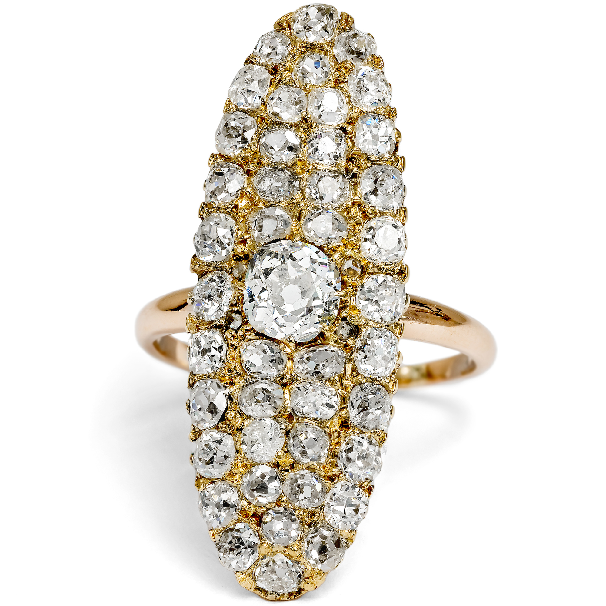 Großer Schiffchenring der Belle Époque mit 3,07 ct Altschliff-Diamanten, um 1890 Großer Schiffchenring der Belle Époque mit 3,07 ct Altschliff-Diamanten, um 1890