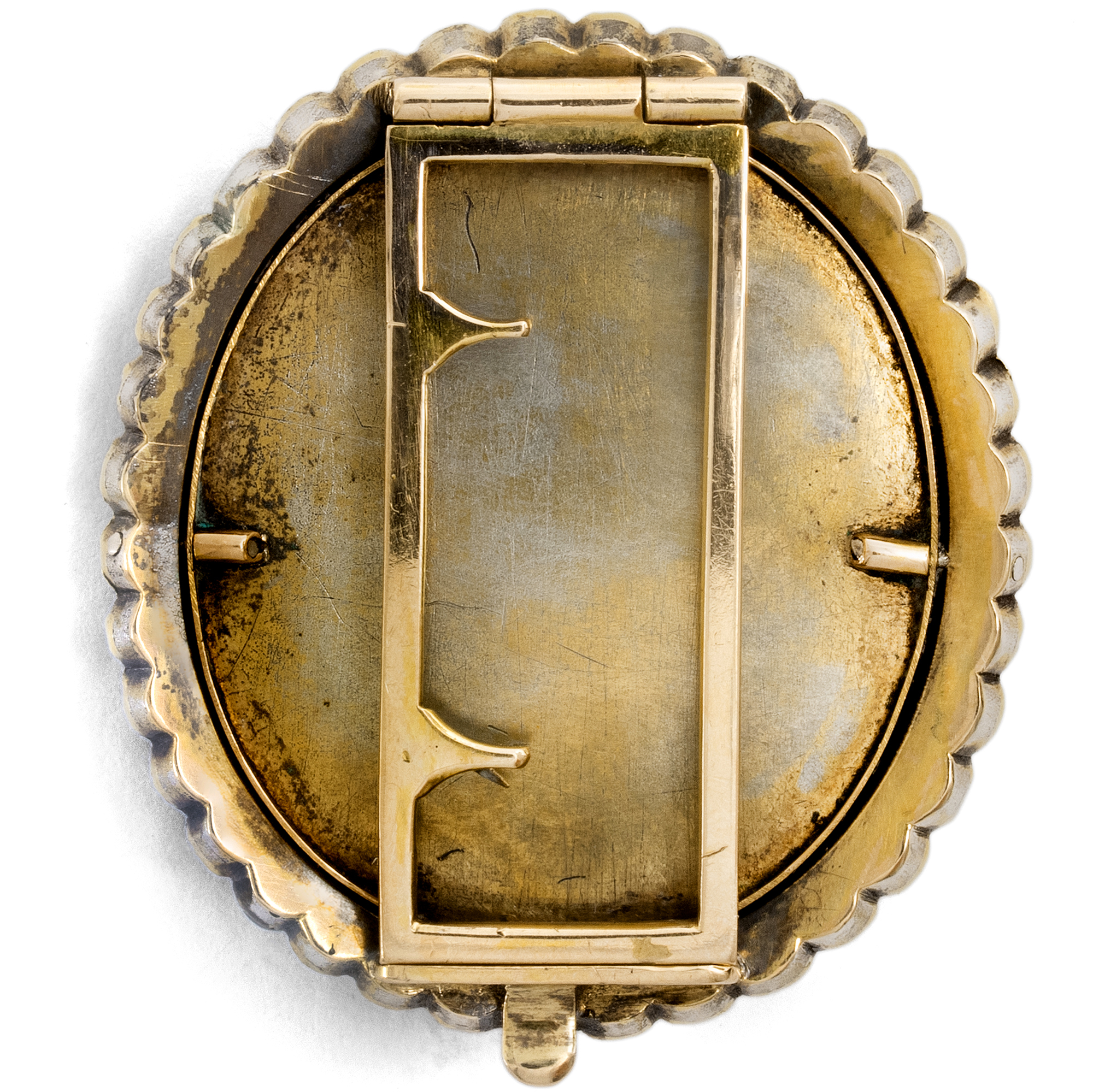 Antiker Clip mit romantischer Miniaturmalerei in Gold mit Perlen, um 1870 Antiker Clip mit romantischer Miniaturmalerei in Gold mit Perlen, um 1870