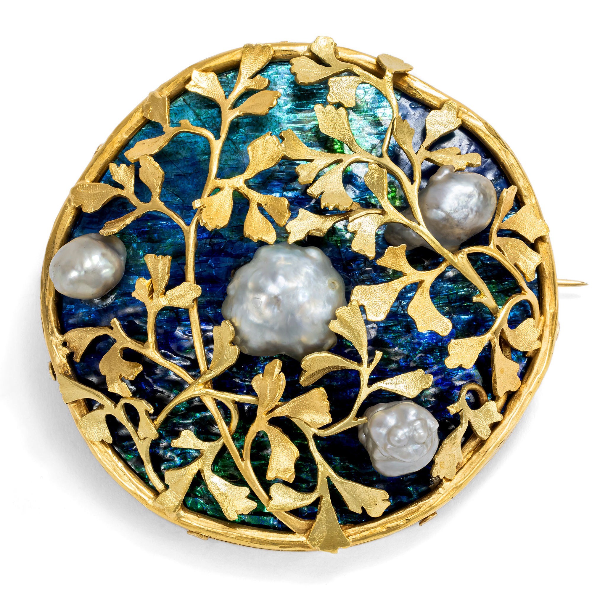 Phantastische Brosche mit Naturperlen & Email in Gold, Jugendstil um 1900 Phantastische Brosche mit Naturperlen & Email in Gold, Jugendstil um 1900