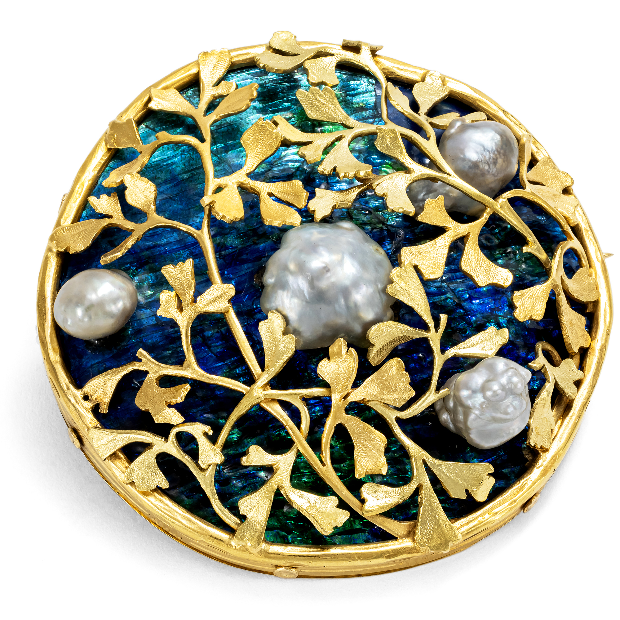 Phantastische Brosche mit Naturperlen & Email in Gold, Jugendstil um 1900 Phantastische Brosche mit Naturperlen & Email in Gold, Jugendstil um 1900
