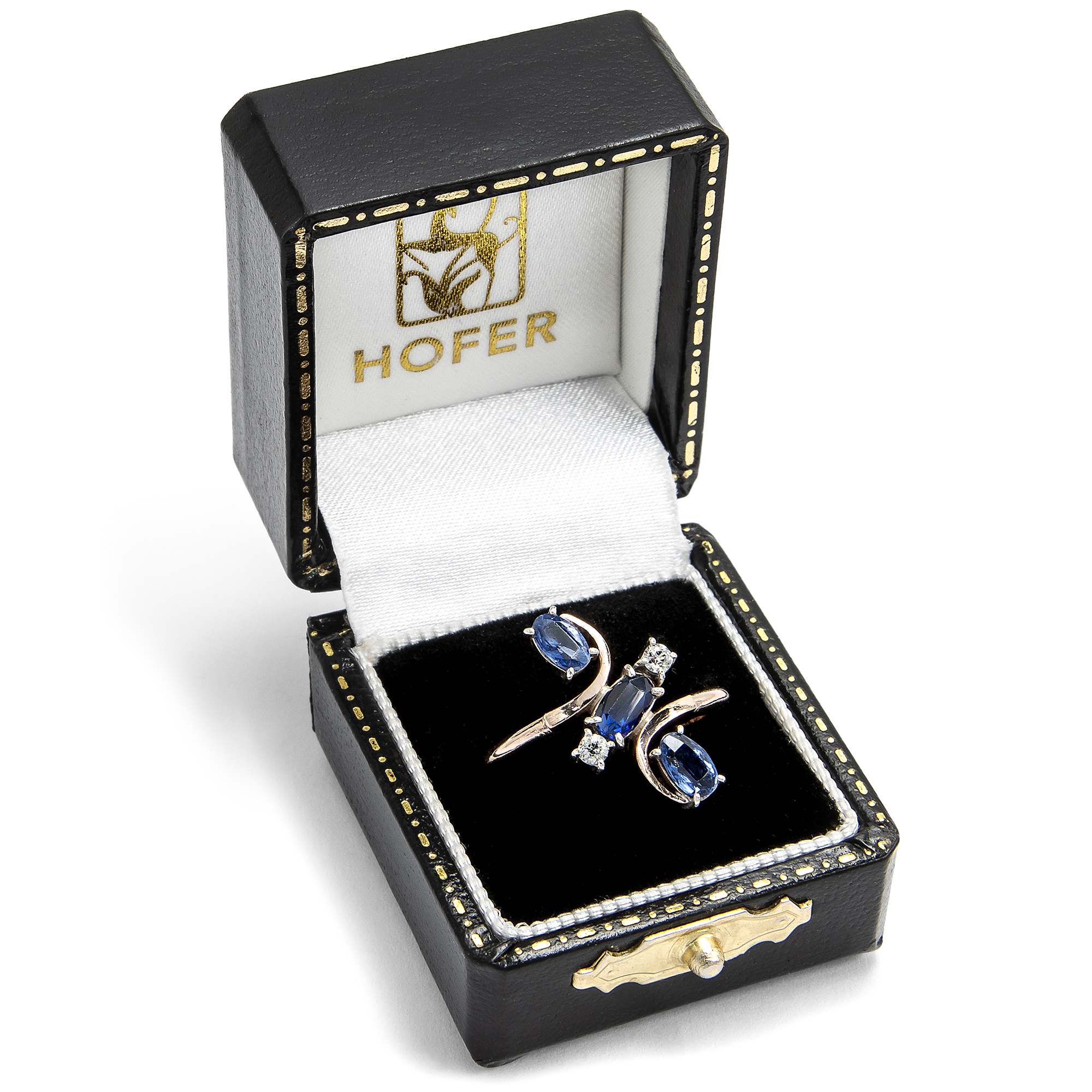 Eleganter Ring mit Saphiren & Diamanten in Gold wohl aus Britisch-Ceylon, um 1940 Eleganter Ring mit Saphiren & Diamanten in Gold wohl aus Britisch-Ceylon, um 1940