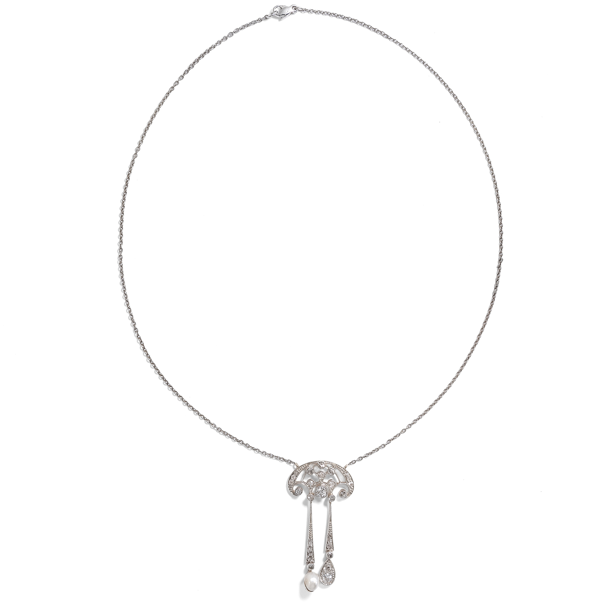 Antikes Negligé-Collier mit Diamanten und Blisterperle in Platin auf Gold, um 1915 Antikes Negligé-Collier mit Diamanten und Blisterperle in Platin auf Gold, um 1915