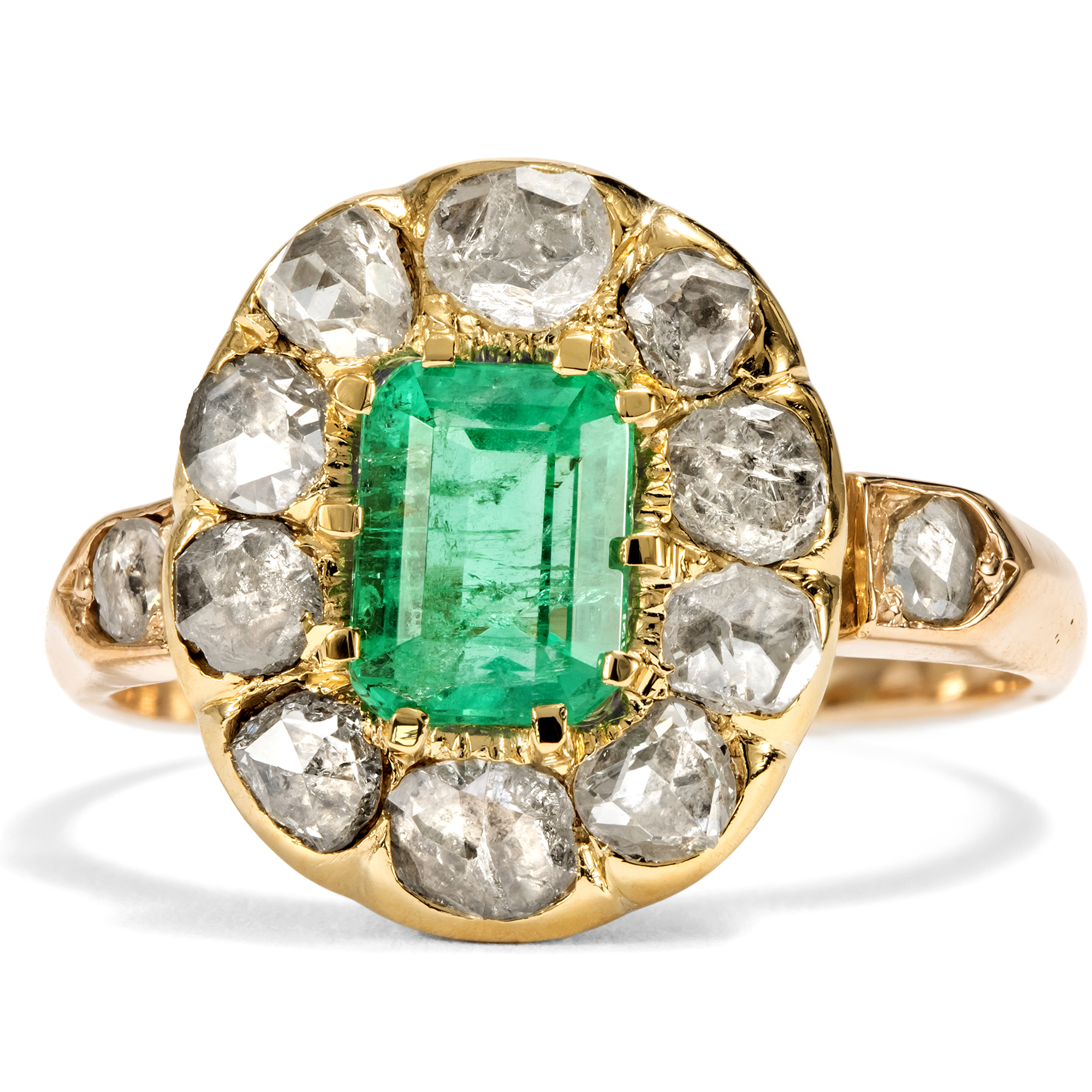 Eleganter Ring mit Smaragd & Diamanten im Rosenschliff, Mariage aus antiken Elementen, um 1890 & später Eleganter Ring mit Smaragd & Diamanten im Rosenschliff, Mariage aus antiken Elementen, um 1890 & später