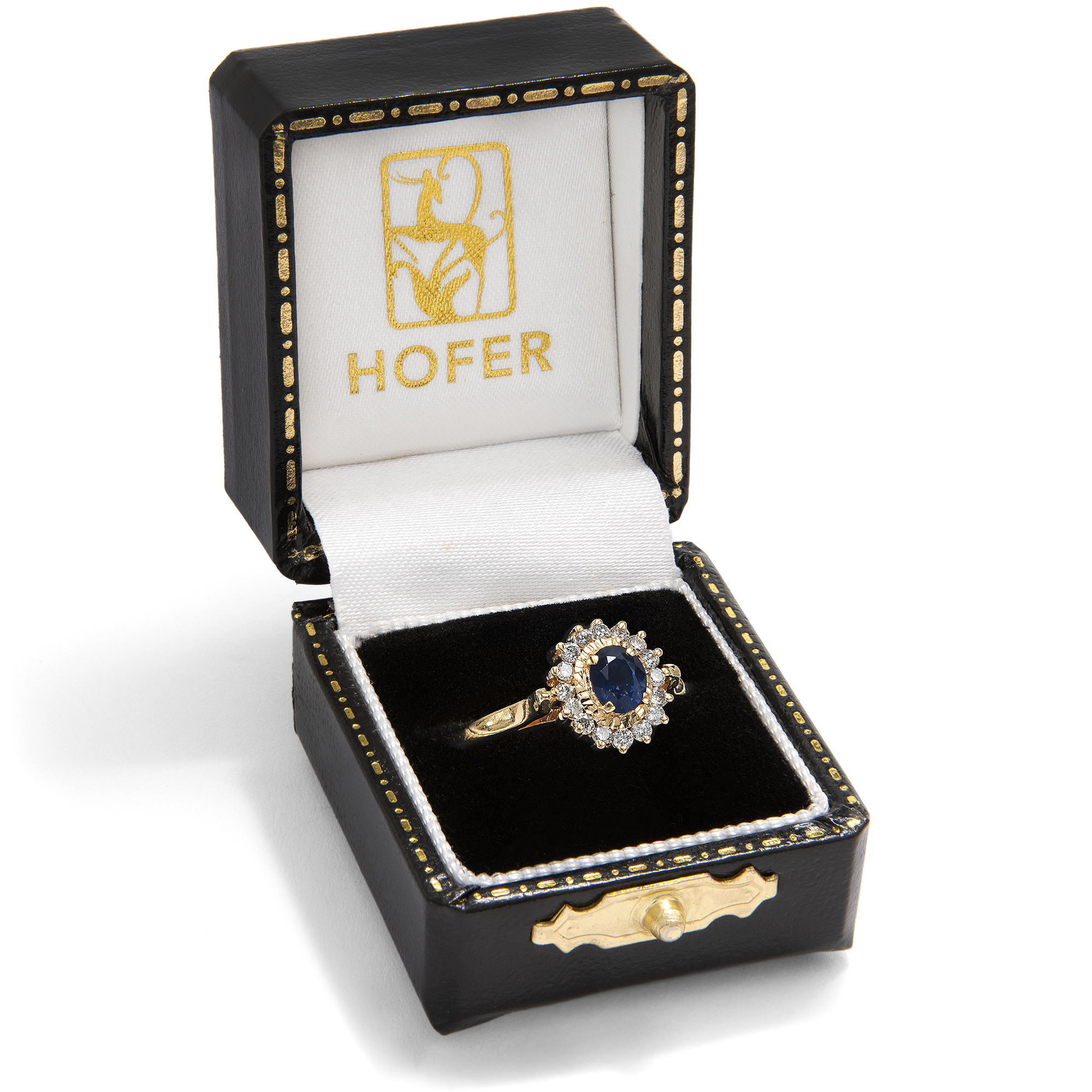 Feiner Entourage-Ring mit Saphir & Brillanten in Gold, um 1985 Feiner Entourage-Ring mit Saphir & Brillanten in Gold, um 1985