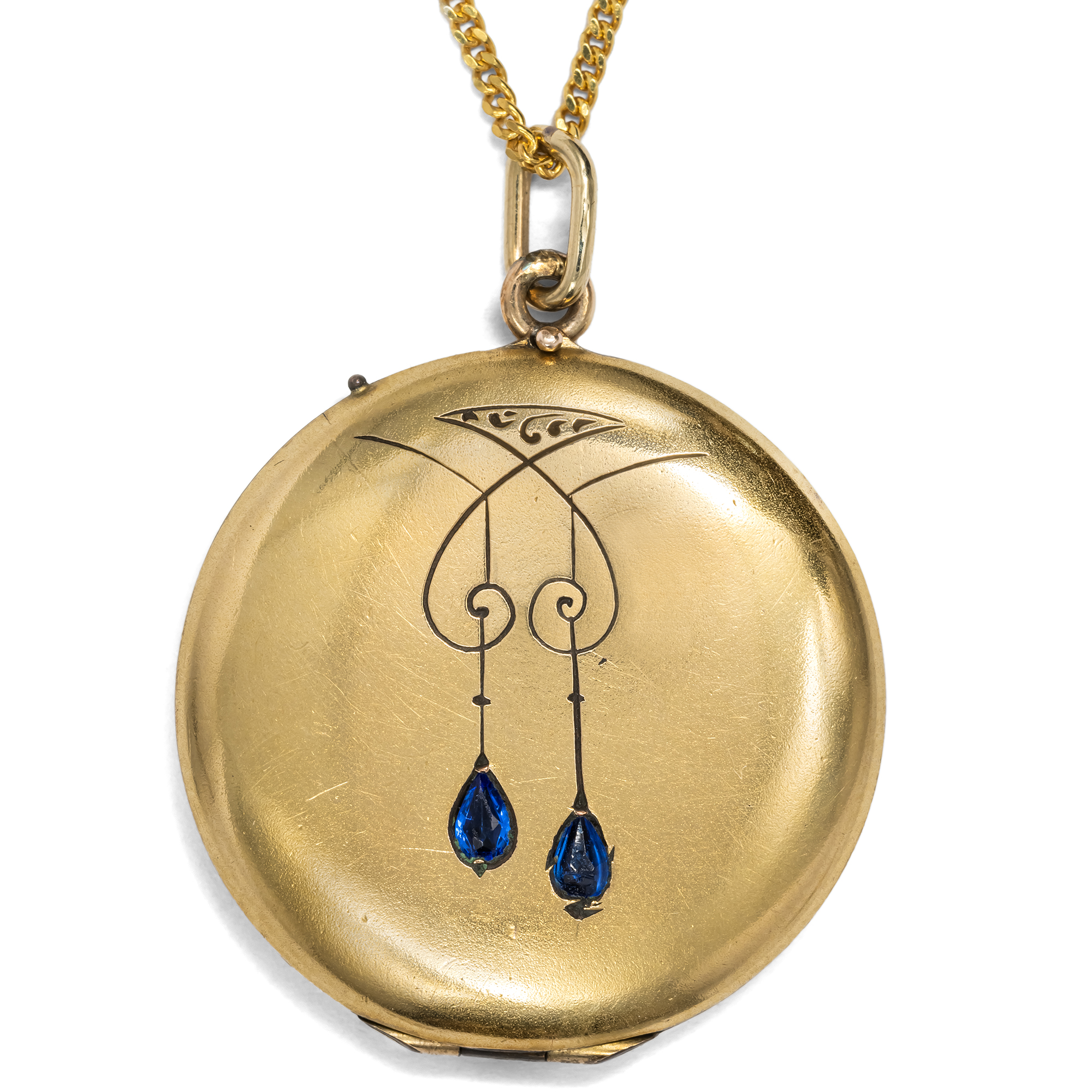 Jugendstil-Medaillon aus Gold Doublé an einer vergoldeten Silberkette, um 1910 Jugendstil-Medaillon aus Gold Doublé an einer vergoldeten Silberkette, um 1910