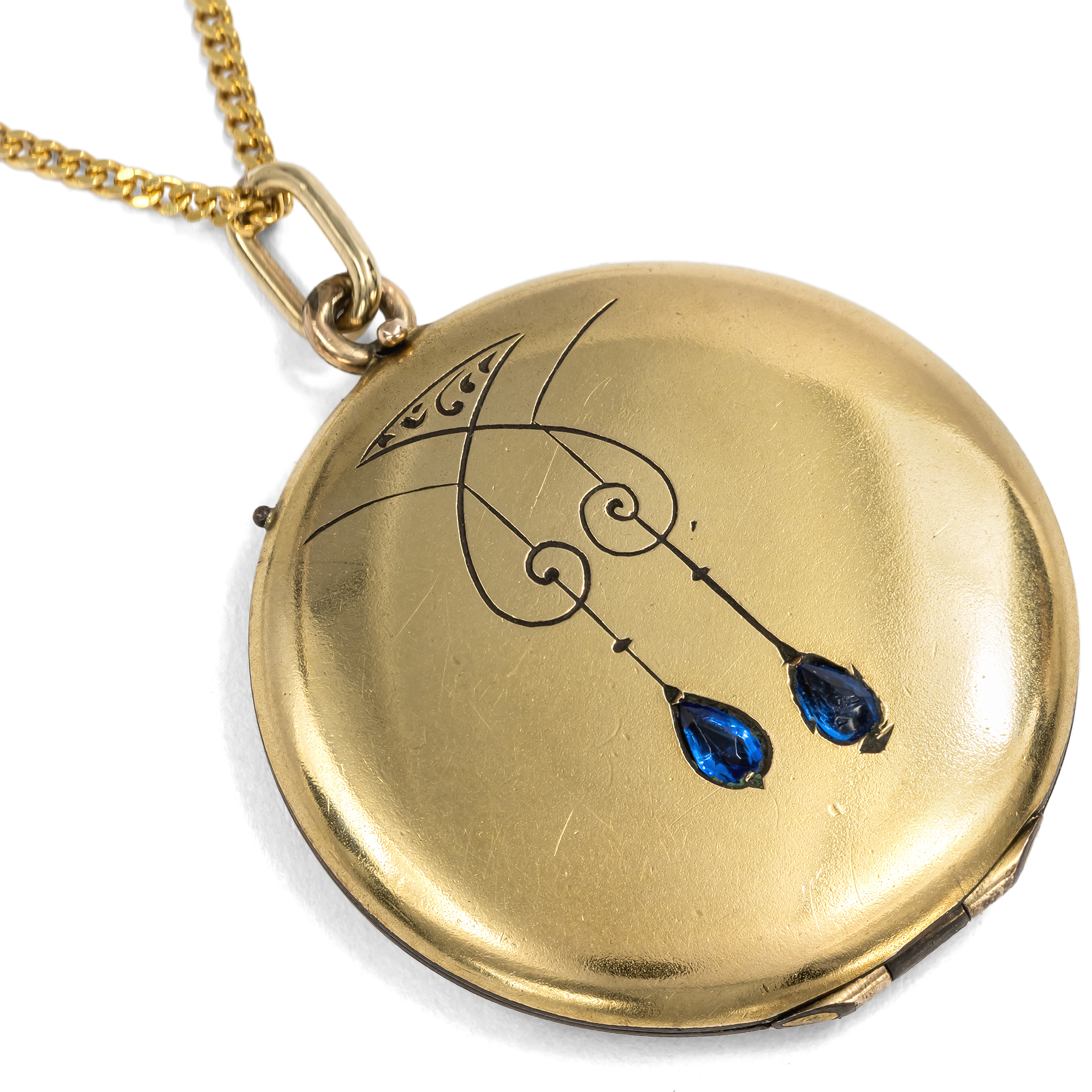 Jugendstil-Medaillon aus Gold Doublé an einer vergoldeten Silberkette, um 1910 Jugendstil-Medaillon aus Gold Doublé an einer vergoldeten Silberkette, um 1910