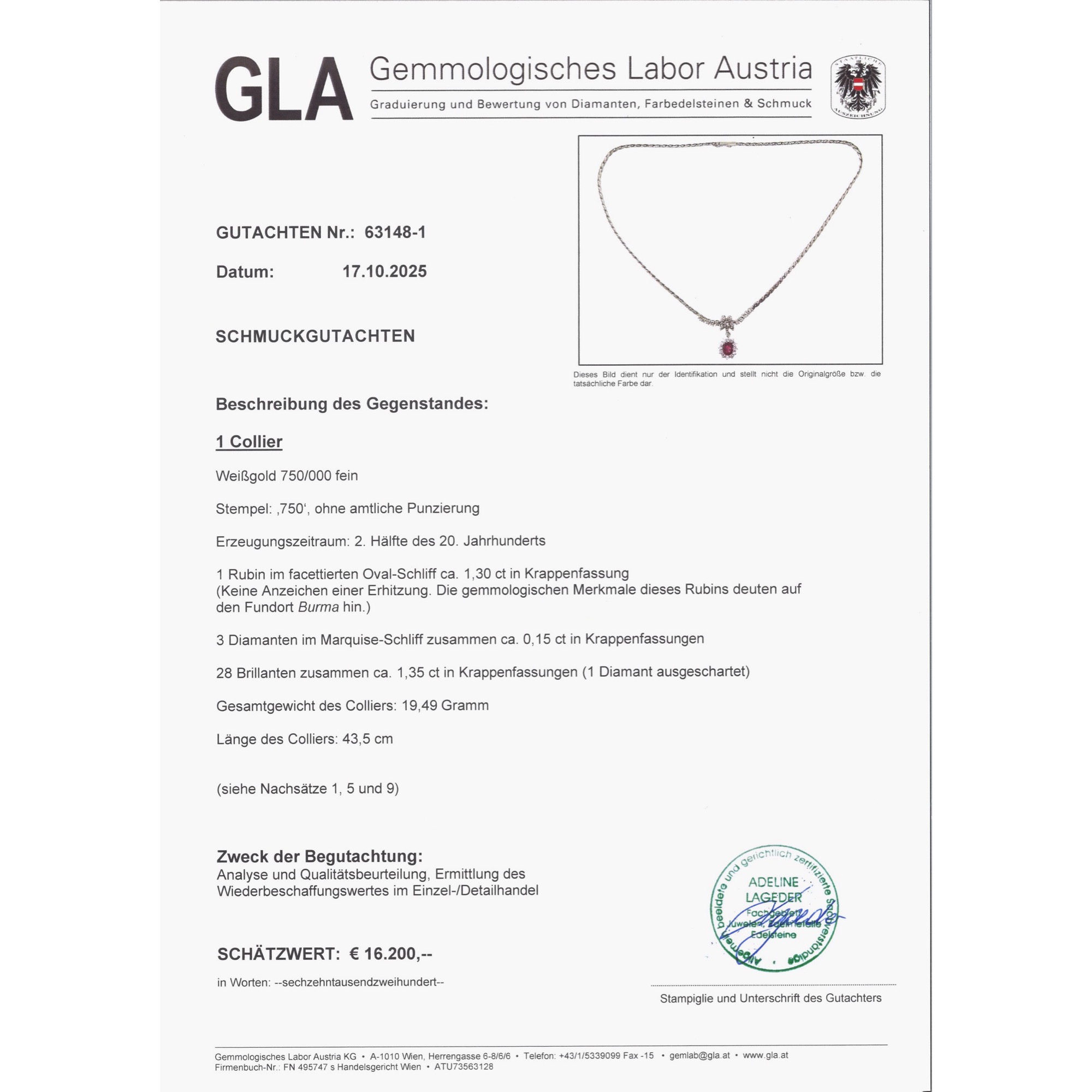 Elegantes Collier aus Weißgold mit Burma-Rubin und 1,50 ct Diamanten, um 1980 Elegantes Collier aus Weißgold mit Burma-Rubin und 1,50 ct Diamanten, um 1980