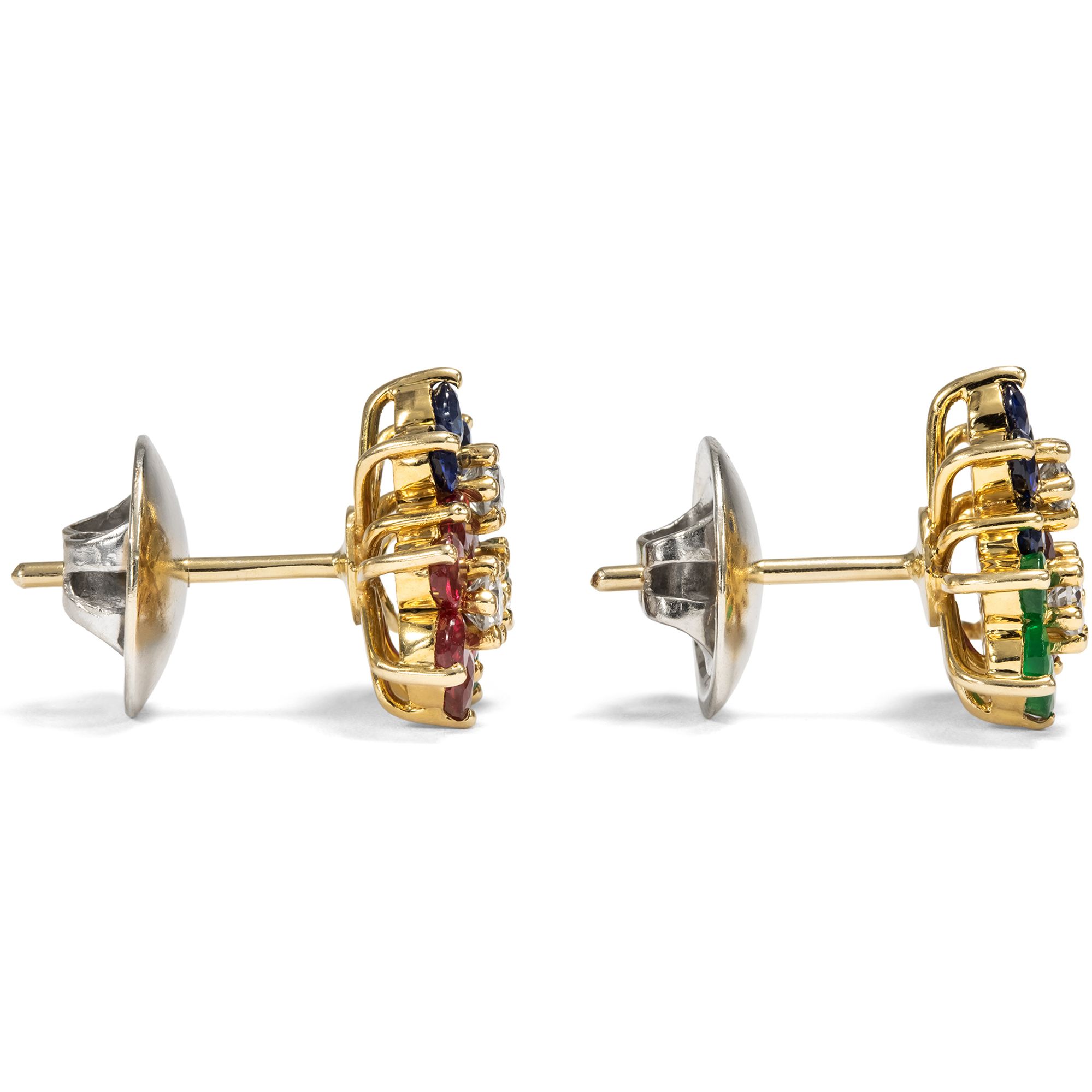 Farbenfrohe Ohrringe aus Gold, Diamanten, Rubinen, Saphiren & Smaragden, um 1990 Farbenfrohe Ohrringe aus Gold, Diamanten, Rubinen, Saphiren & Smaragden, um 1990