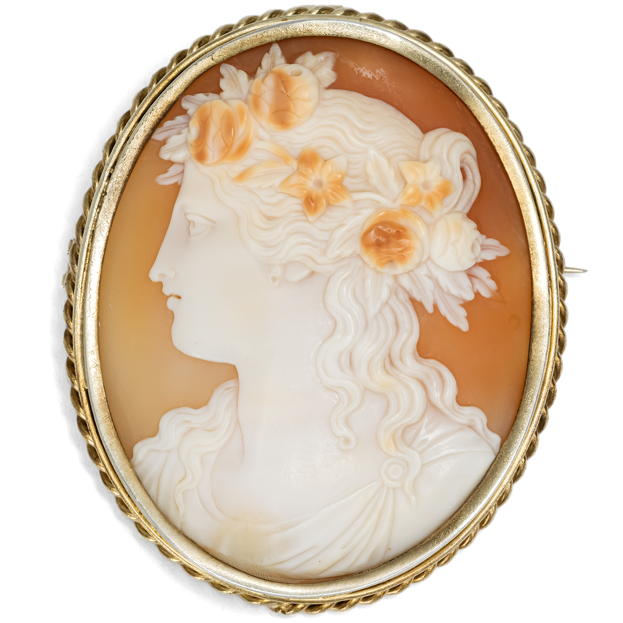 Antike Anhänger-Brosche mit Kamee der Flora in vergoldetem Silber, um 1910 Antike Anhänger-Brosche mit Kamee der Flora in vergoldetem Silber, um 1910
