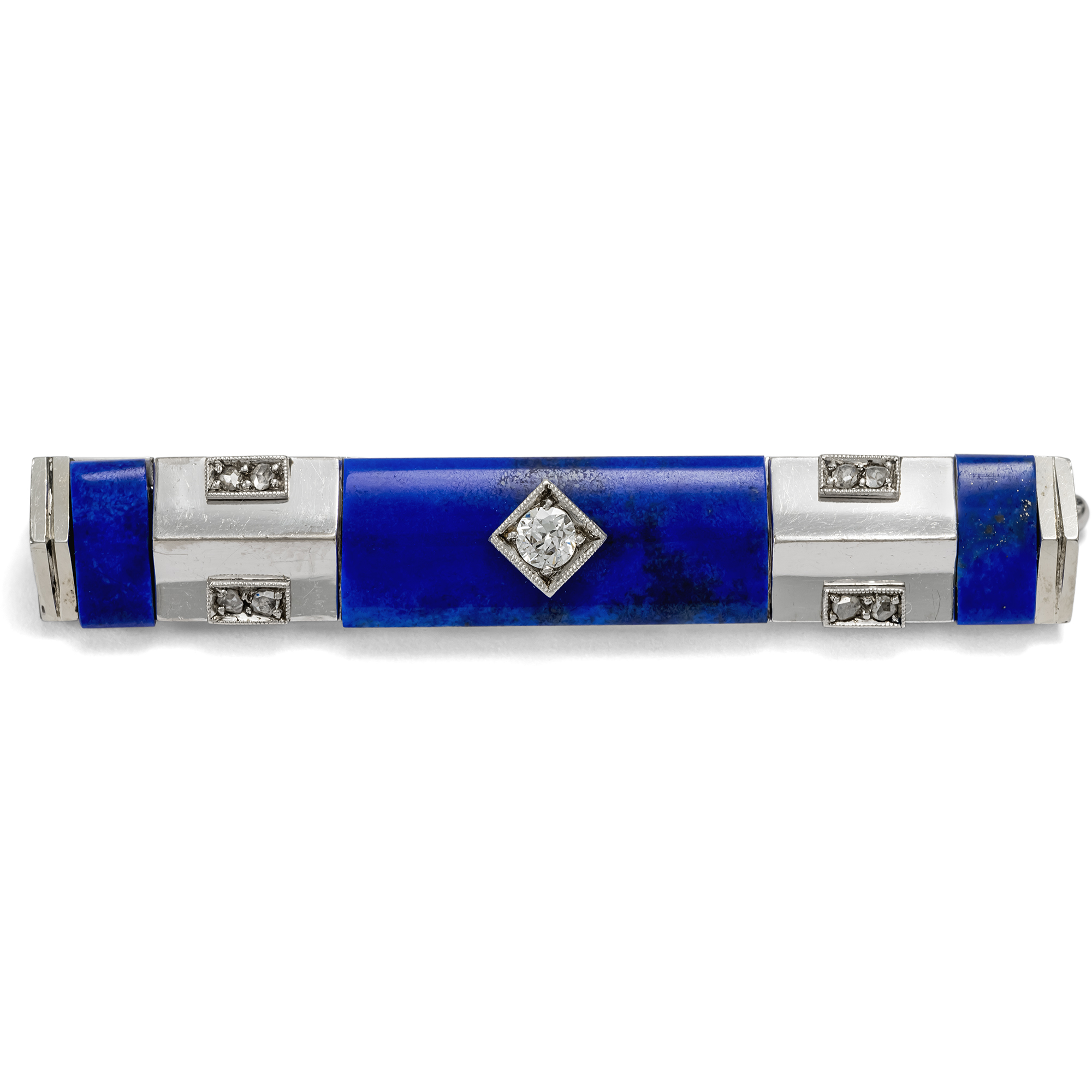 Stilvolle Brosche mit Diamanten & Lapislazuli in Weißgold & Platin, um 1930 Stilvolle Brosche mit Diamanten & Lapislazuli in Weißgold & Platin, um 1930