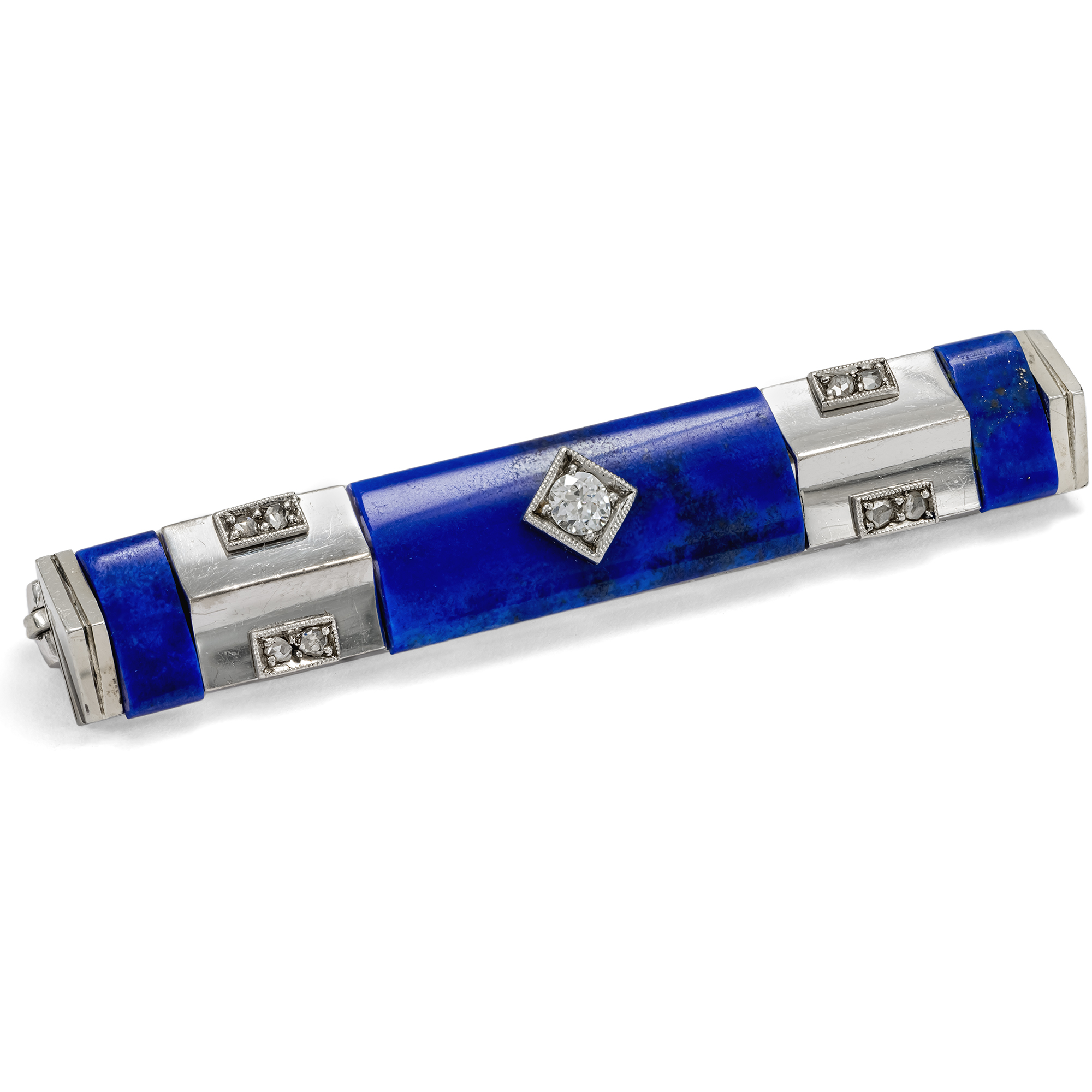Stilvolle Brosche mit Diamanten & Lapislazuli in Weißgold & Platin, um 1930 Stilvolle Brosche mit Diamanten & Lapislazuli in Weißgold & Platin, um 1930