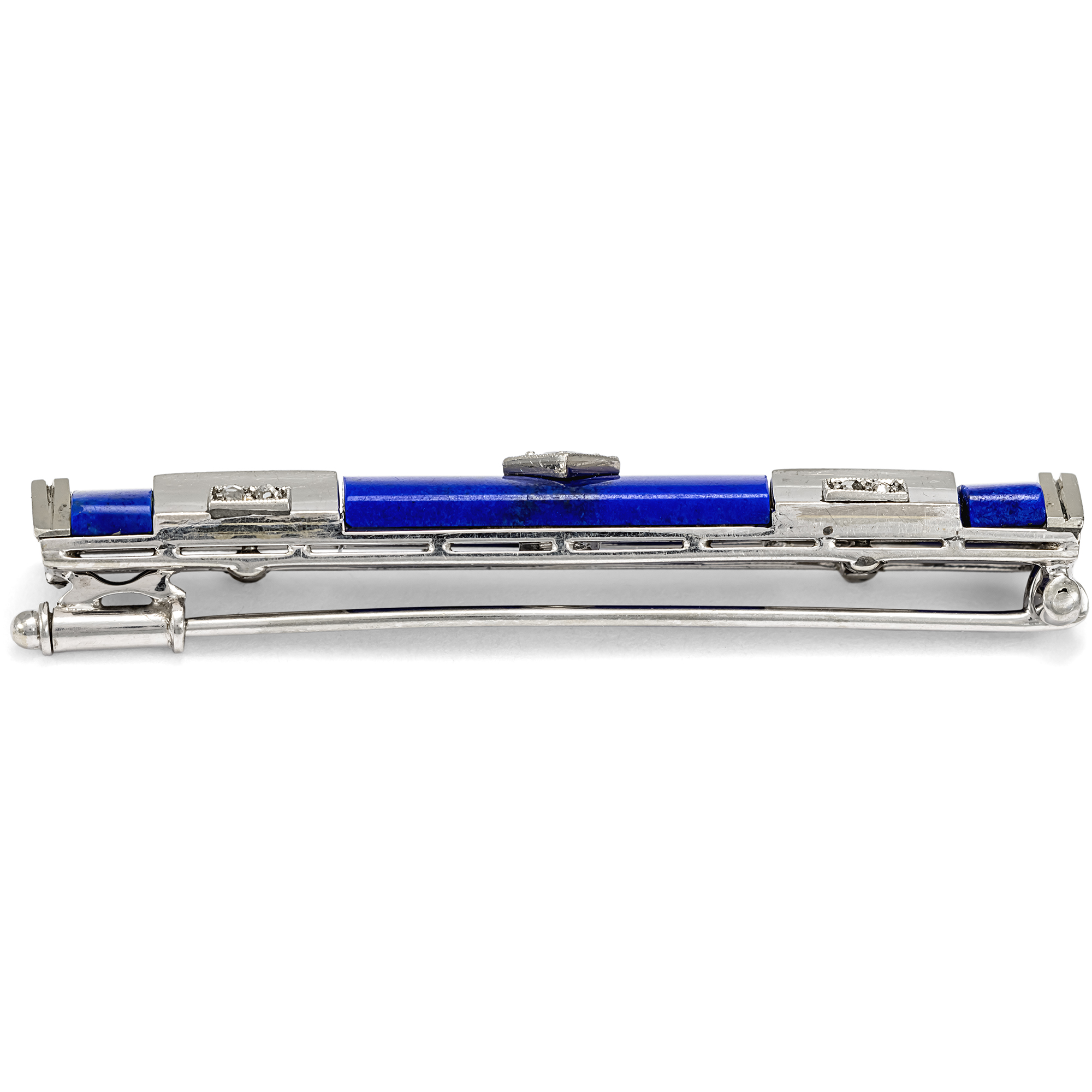 Stilvolle Brosche mit Diamanten & Lapislazuli in Weißgold & Platin, um 1930 Stilvolle Brosche mit Diamanten & Lapislazuli in Weißgold & Platin, um 1930