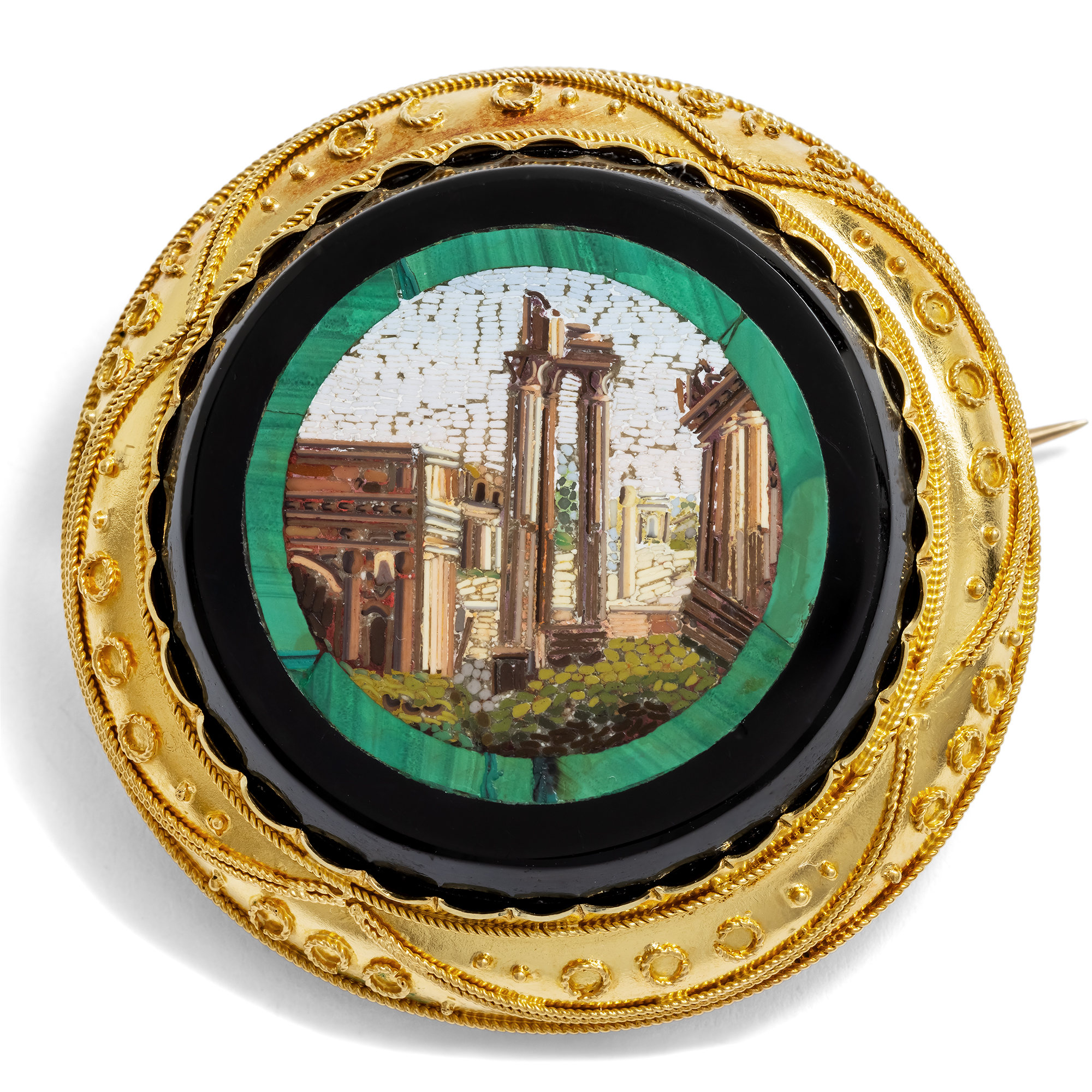 Antique Gold Brooch With Micromosaic of the Roman Forum, c. 1875 Antique Gold Brooch With Micromosaic of the Roman Forum, c. 1875