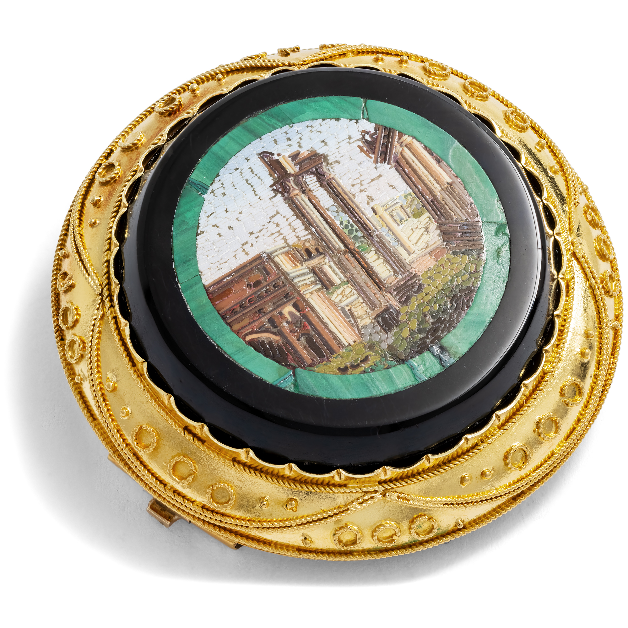 Antique Gold Brooch With Micromosaic of the Roman Forum, c. 1875 Antique Gold Brooch With Micromosaic of the Roman Forum, c. 1875