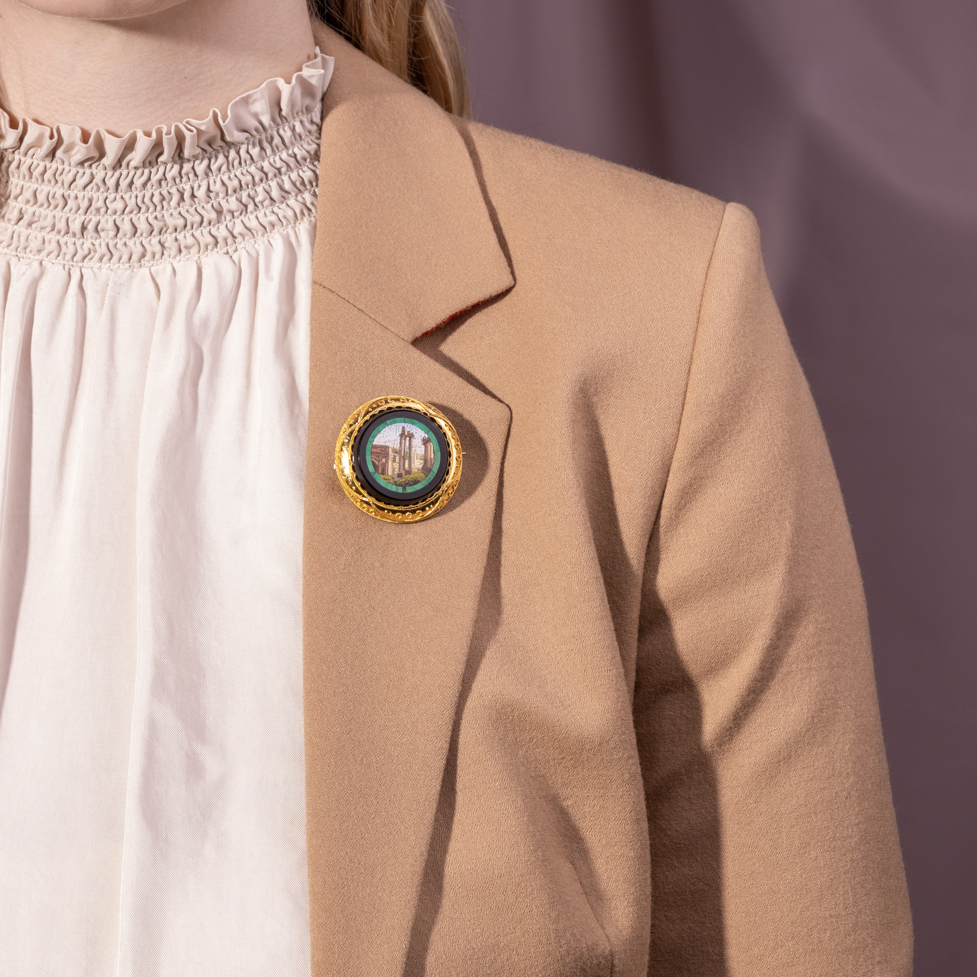 Antique Gold Brooch With Micromosaic of the Roman Forum, c. 1875 Antique Gold Brooch With Micromosaic of the Roman Forum, c. 1875