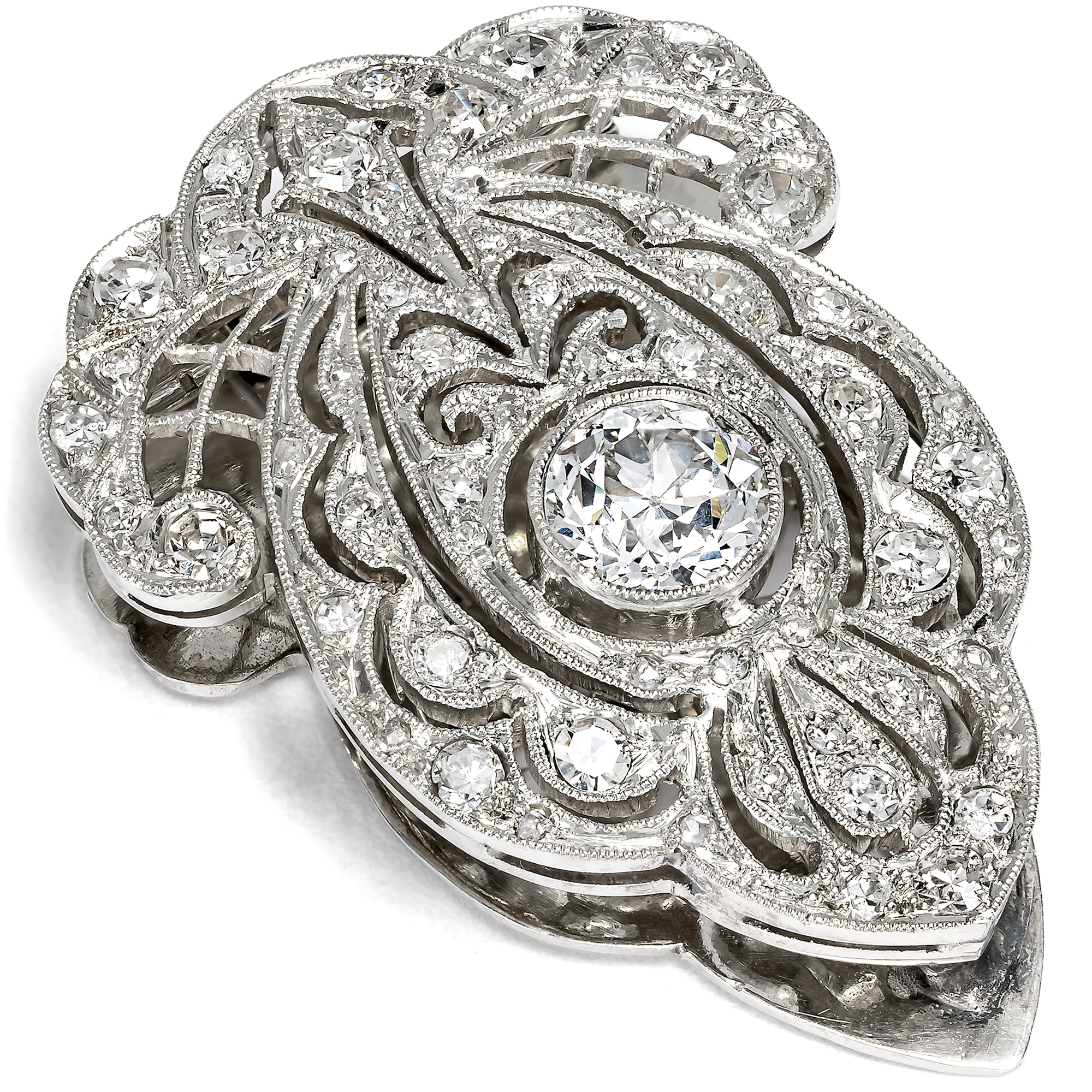 Zarter Clip des Art Déco mit Diamanten in Platin & Weißgold, späte 1920er Jahre Zarter Clip des Art Déco mit Diamanten in Platin & Weißgold, späte 1920er Jahre