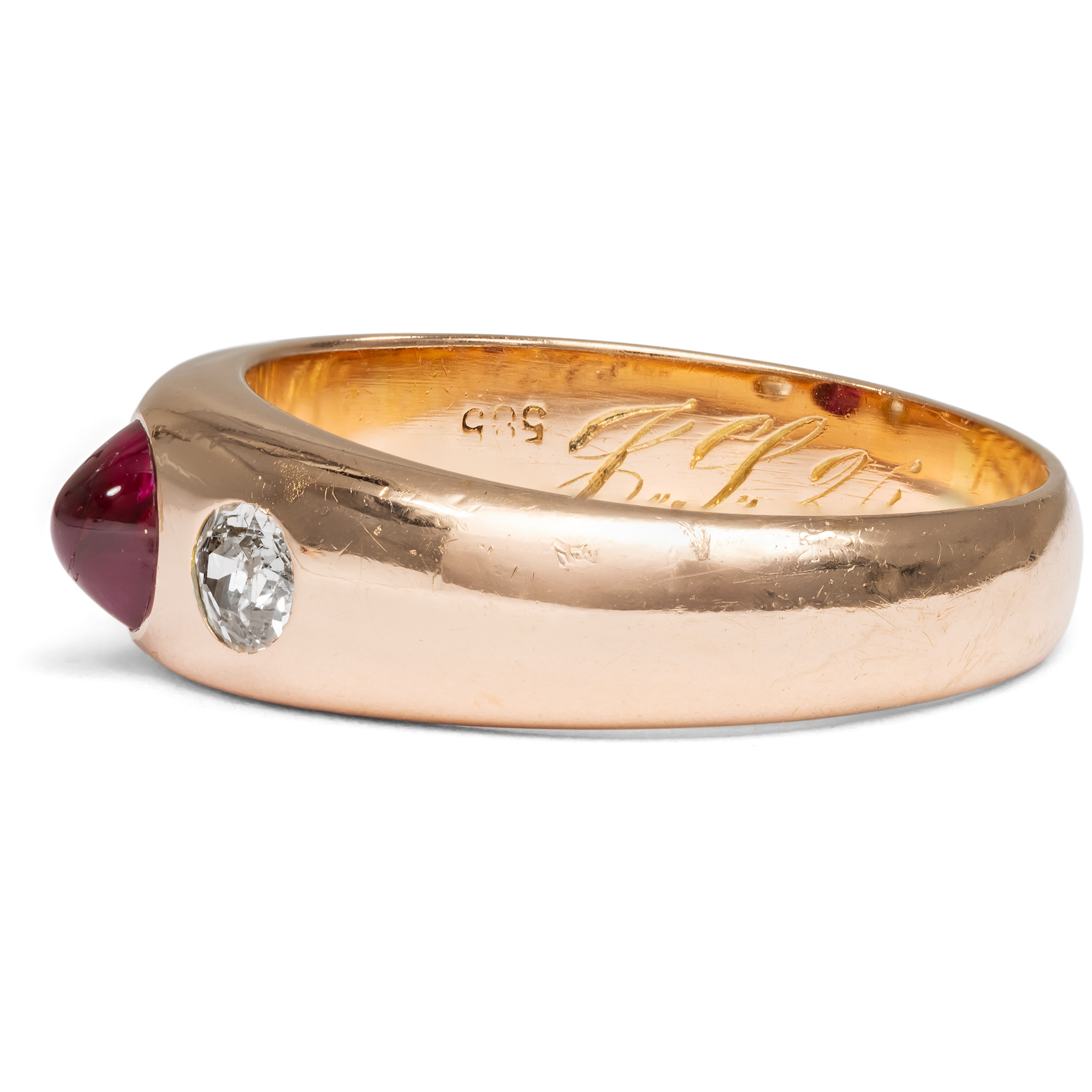 Antique Alliance Ring With Burma Ruby & Diamonds In Rose Gold, Frankfurt Am Main, Dated 1908 Antique Alliance Ring With Burma Ruby & Diamonds In Rose Gold, Frankfurt Am Main, Dated 1908
