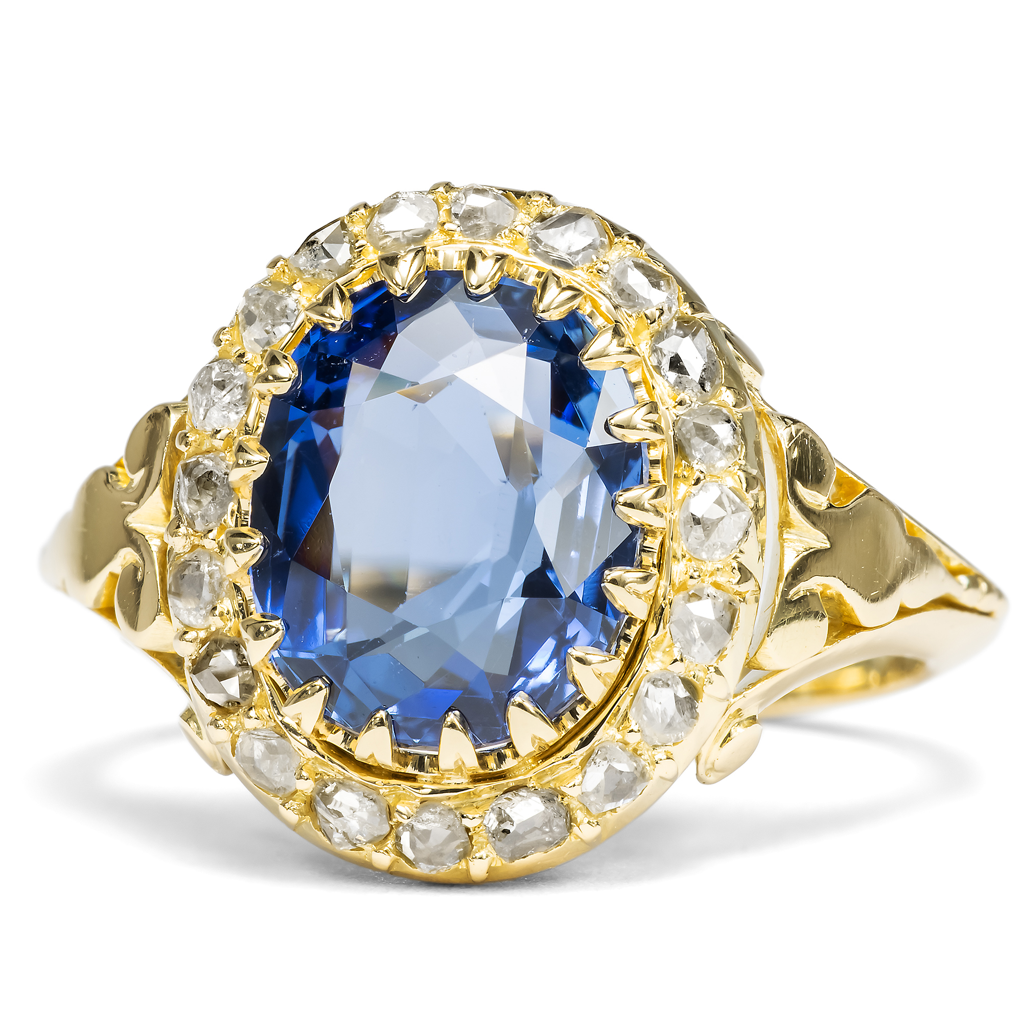 Precious Gold Ring with Untreated Sapphire & Rose Cut Diamonds, c. 1890 Precious Gold Ring with Untreated Sapphire & Rose Cut Diamonds, c. 1890