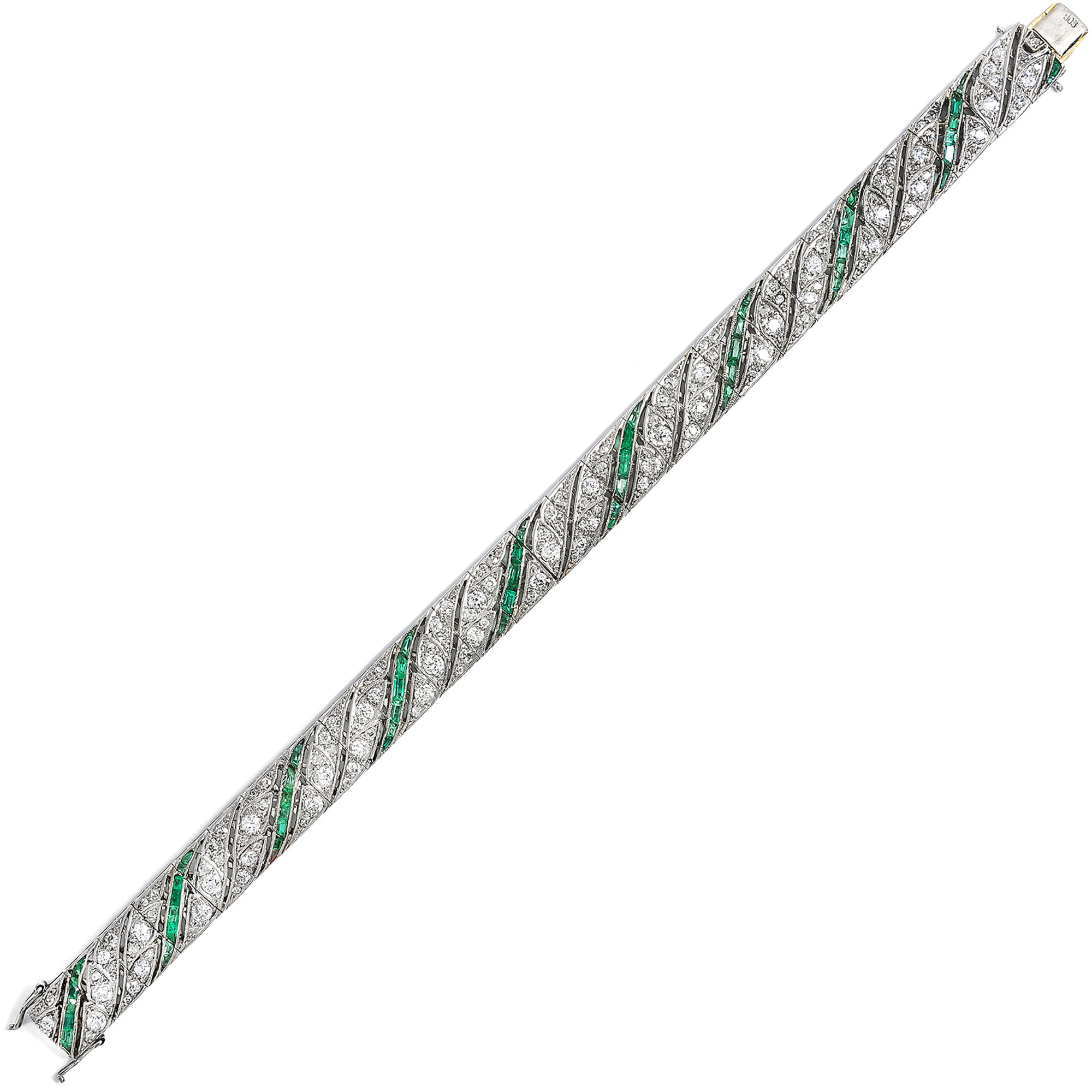 Elegantes Art Déco „Line Bracelet“ mit Diamanten & Smaragden, um 1925 Elegantes Art Déco „Line Bracelet“ mit Diamanten & Smaragden, um 1925