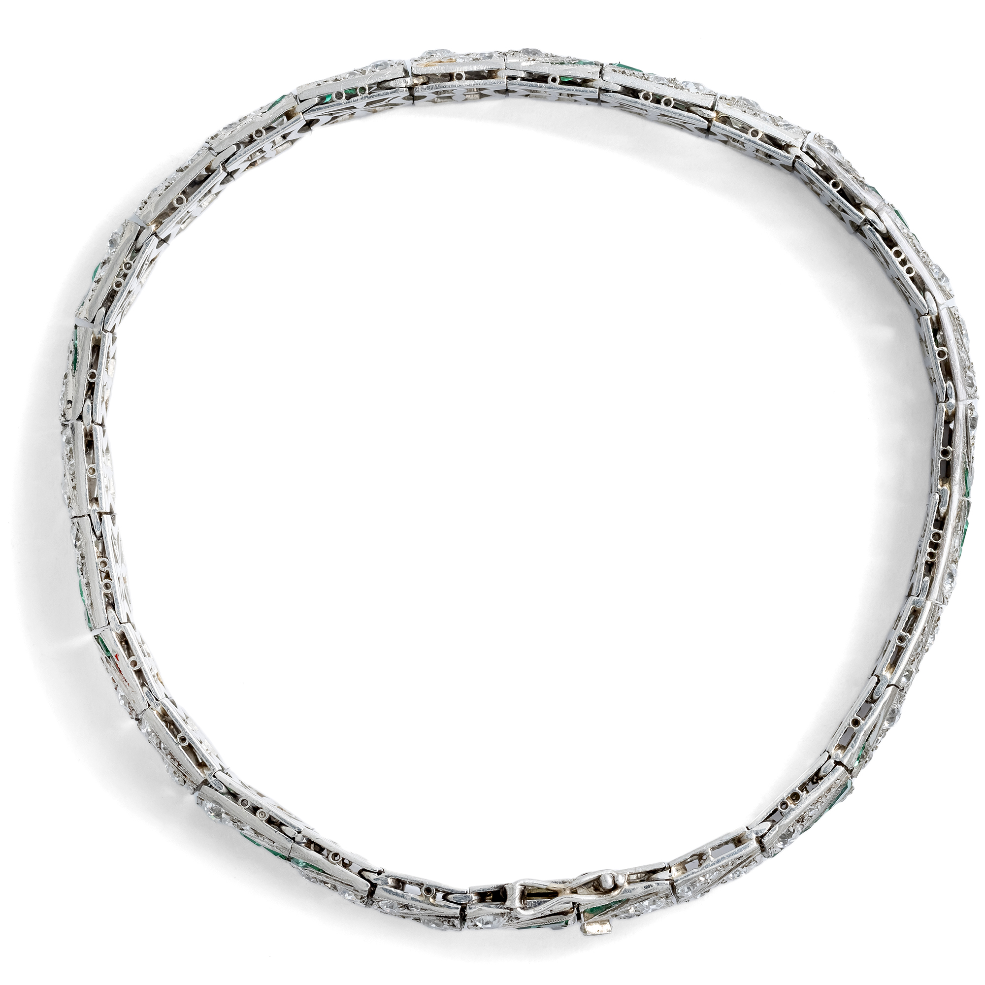 Elegantes Art Déco „Line Bracelet“ mit Diamanten & Smaragden, um 1925 Elegantes Art Déco „Line Bracelet“ mit Diamanten & Smaragden, um 1925