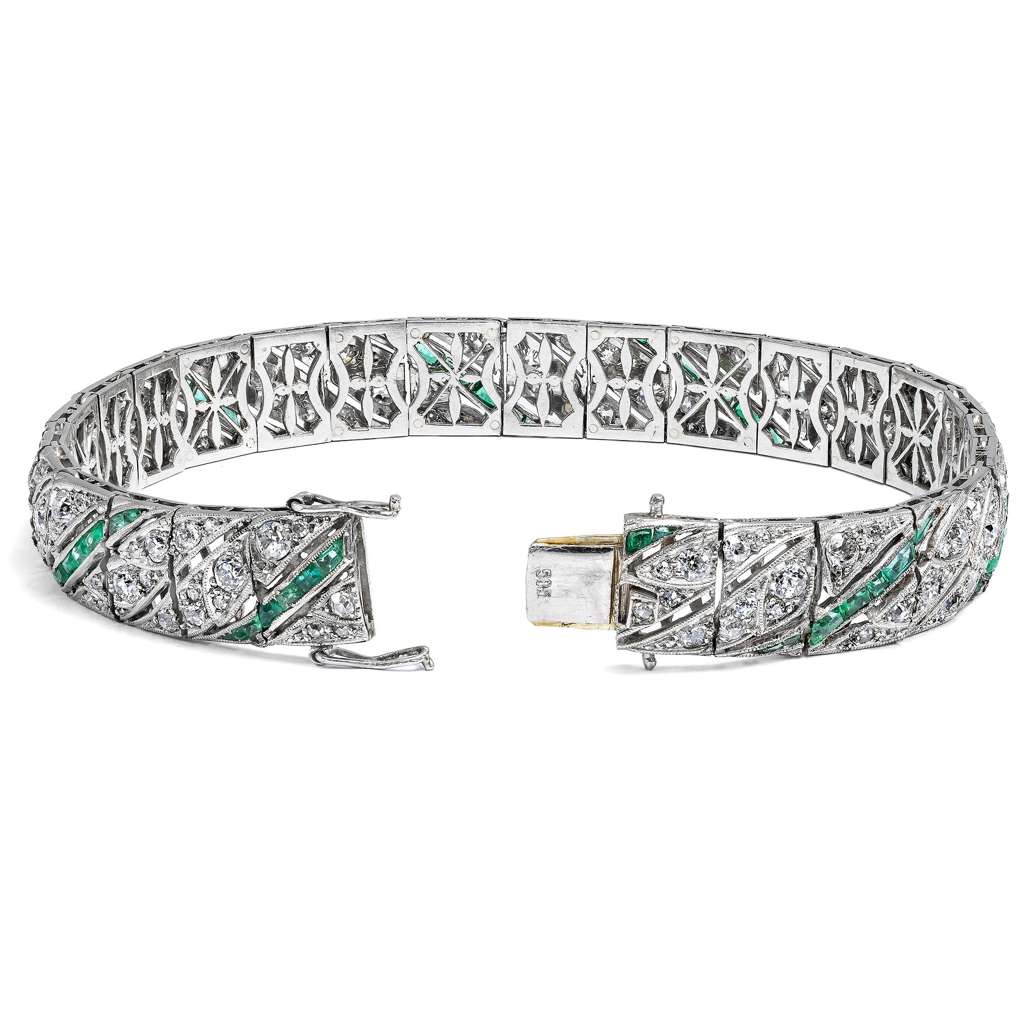 Elegantes Art Déco „Line Bracelet“ mit Diamanten & Smaragden, um 1925 Elegantes Art Déco „Line Bracelet“ mit Diamanten & Smaragden, um 1925