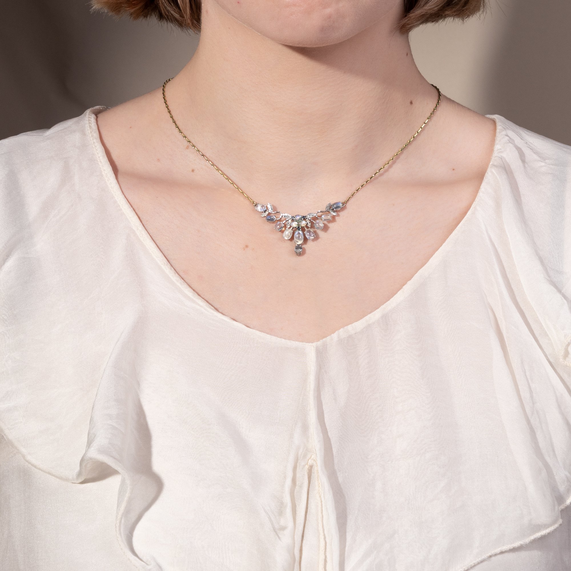Vintage Silver & Gold Necklace with Moonstones & Sapphires, c. 1985 Vintage Silver & Gold Necklace with Moonstones & Sapphires, c. 1985